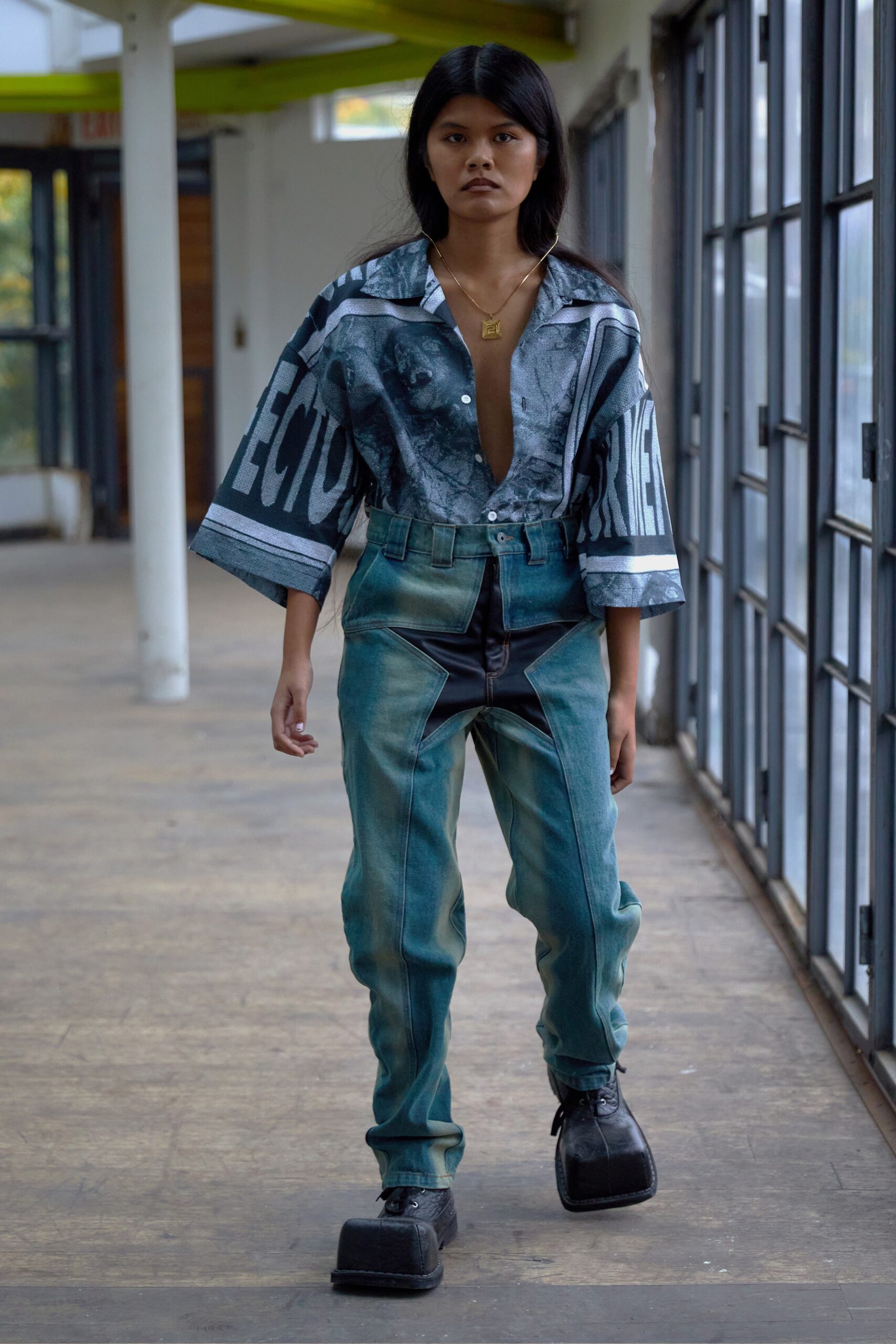 blue printed shirt with fitted pants