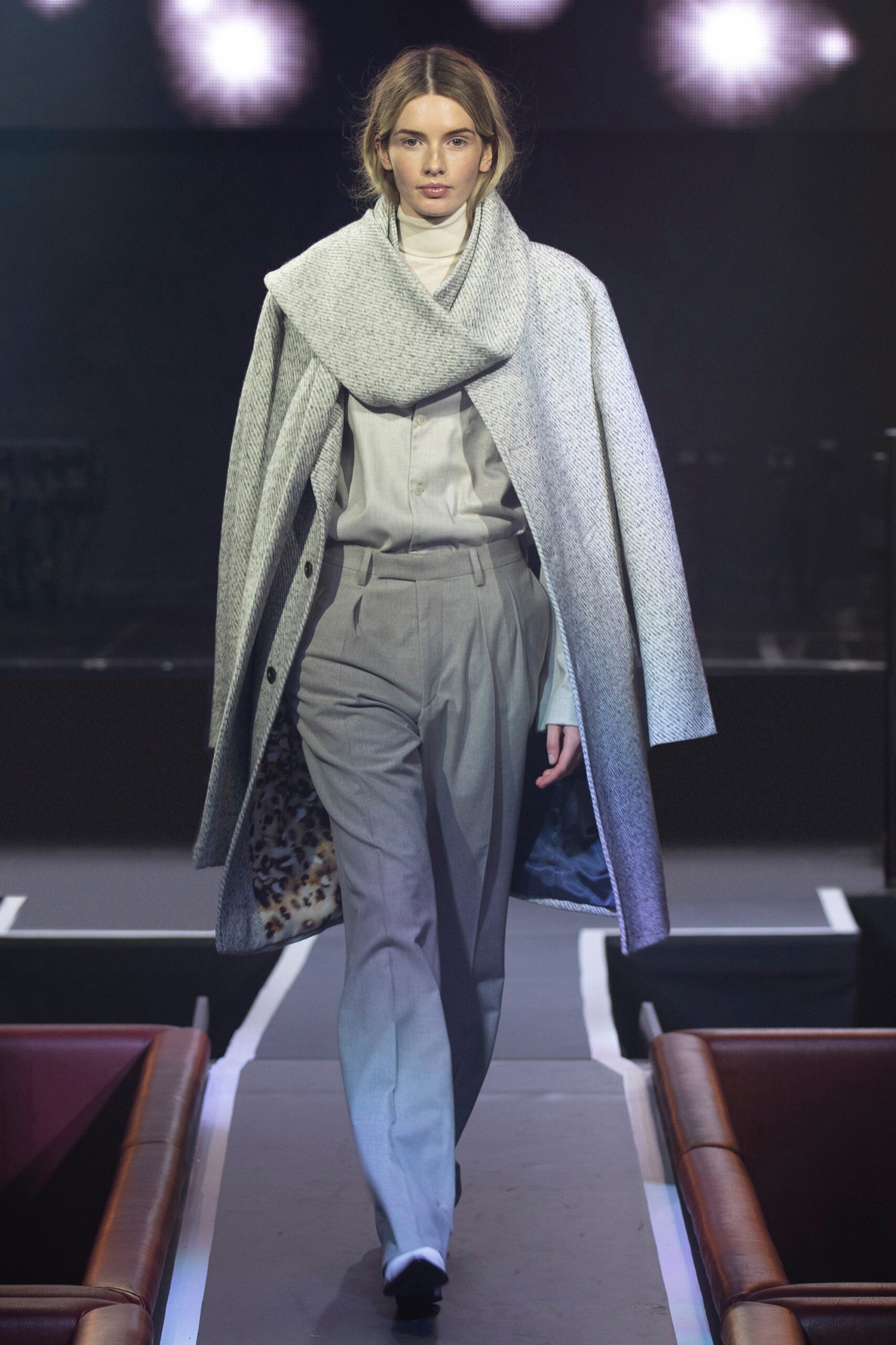 gray wool coat with tailored pants