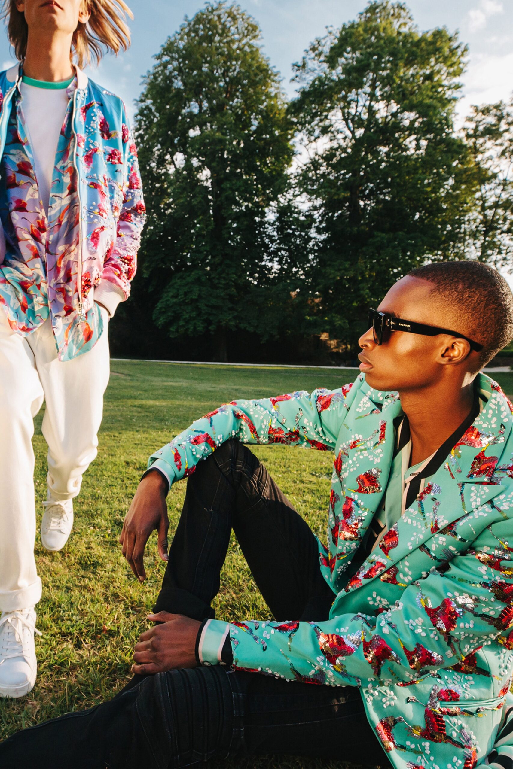 colorful jackets with distressed jeans