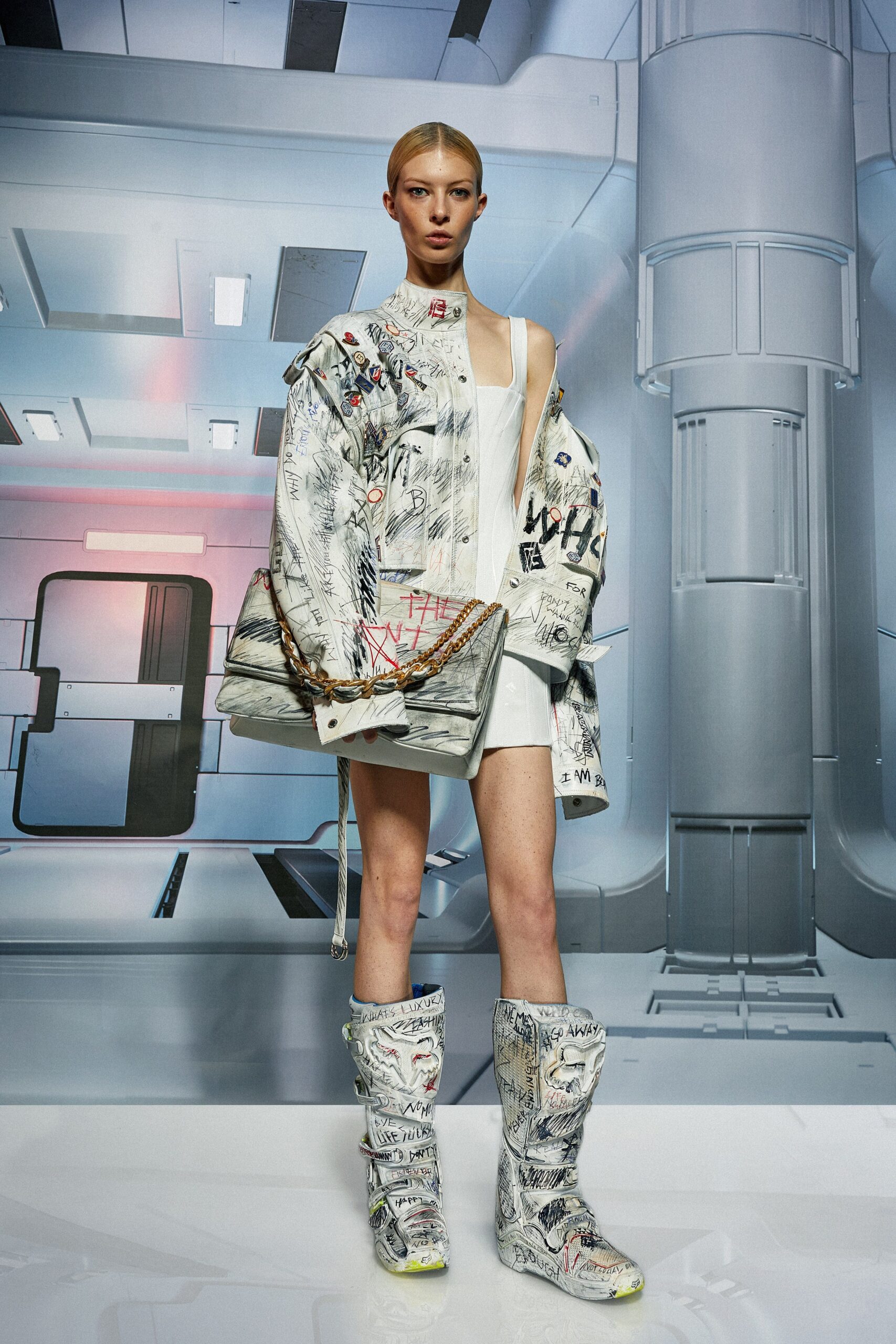 oversized printed coat with fitted dress