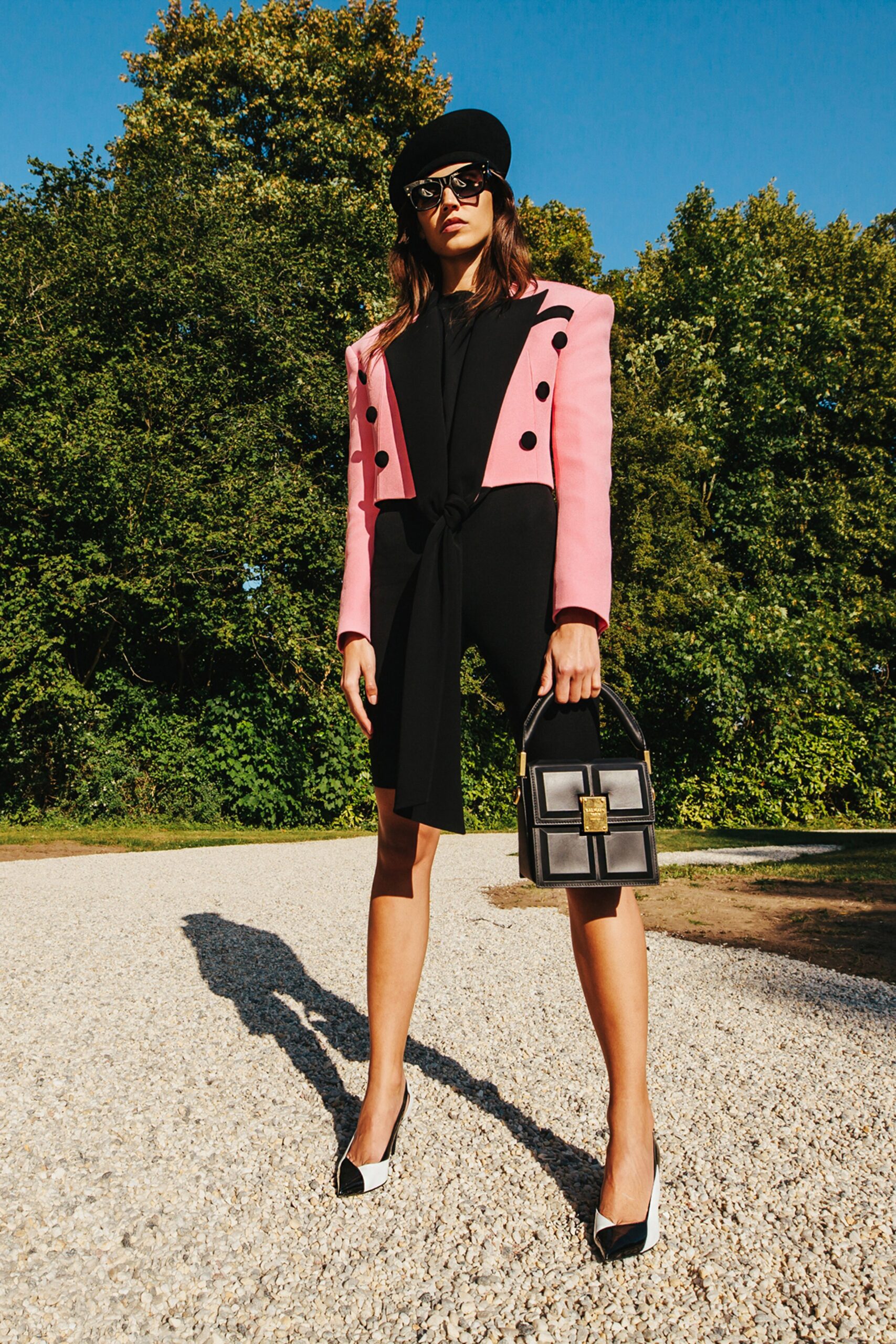pink and black tailored blazer dress