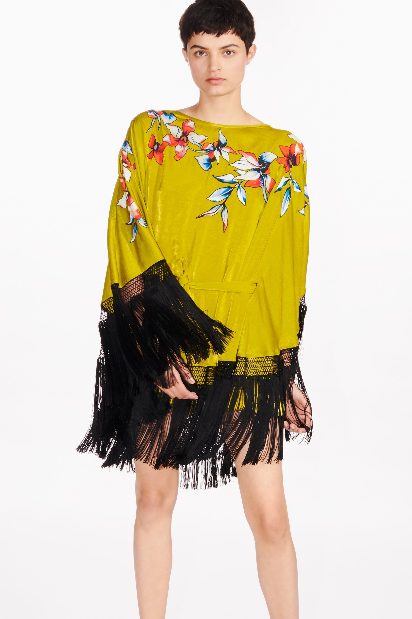 yellow embroidered poncho with fringe