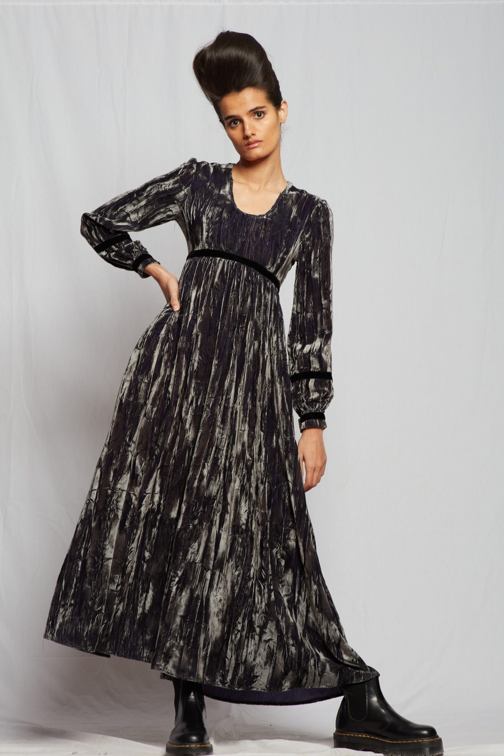 black gray pleated velvet dress