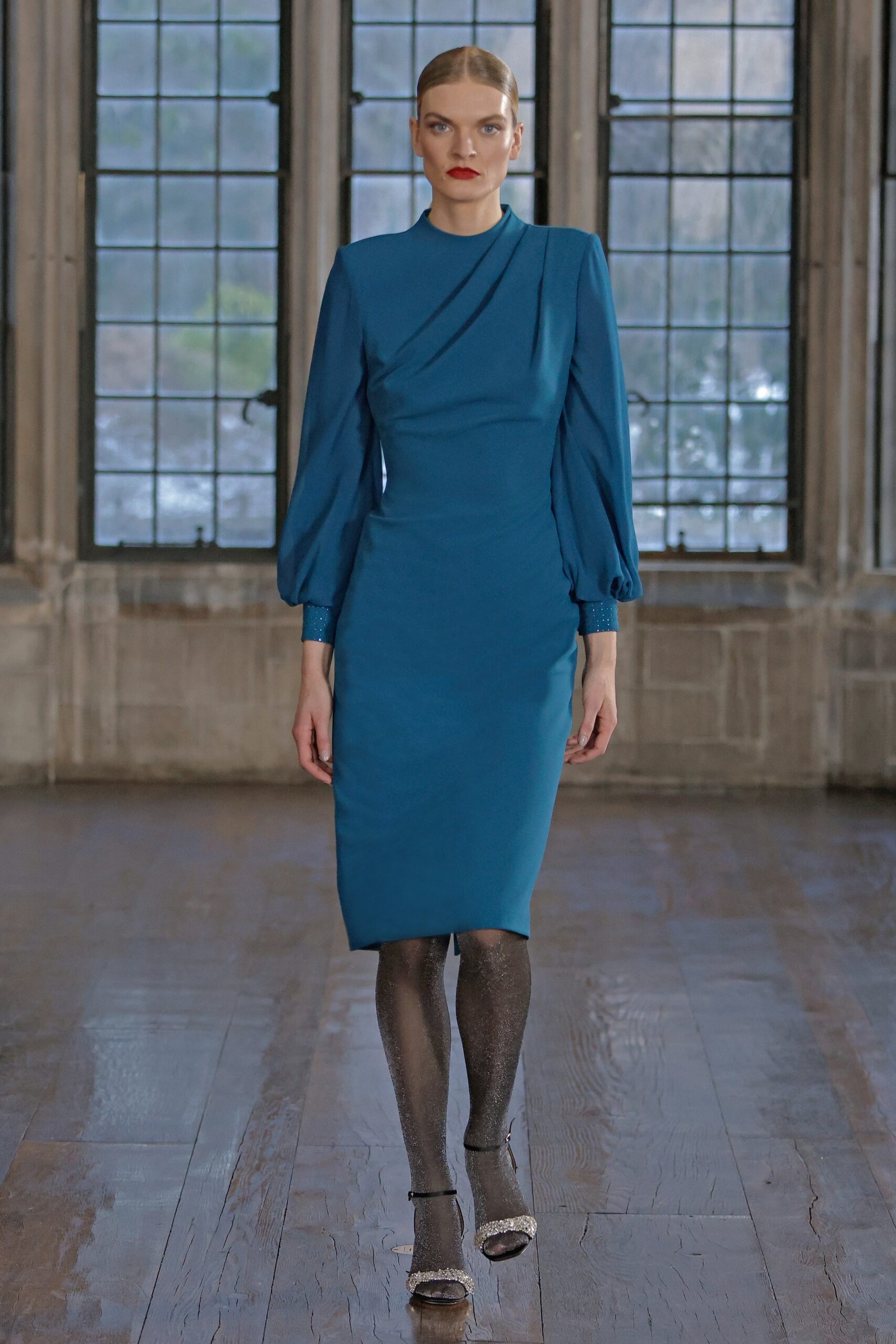 blue silk fitted dress