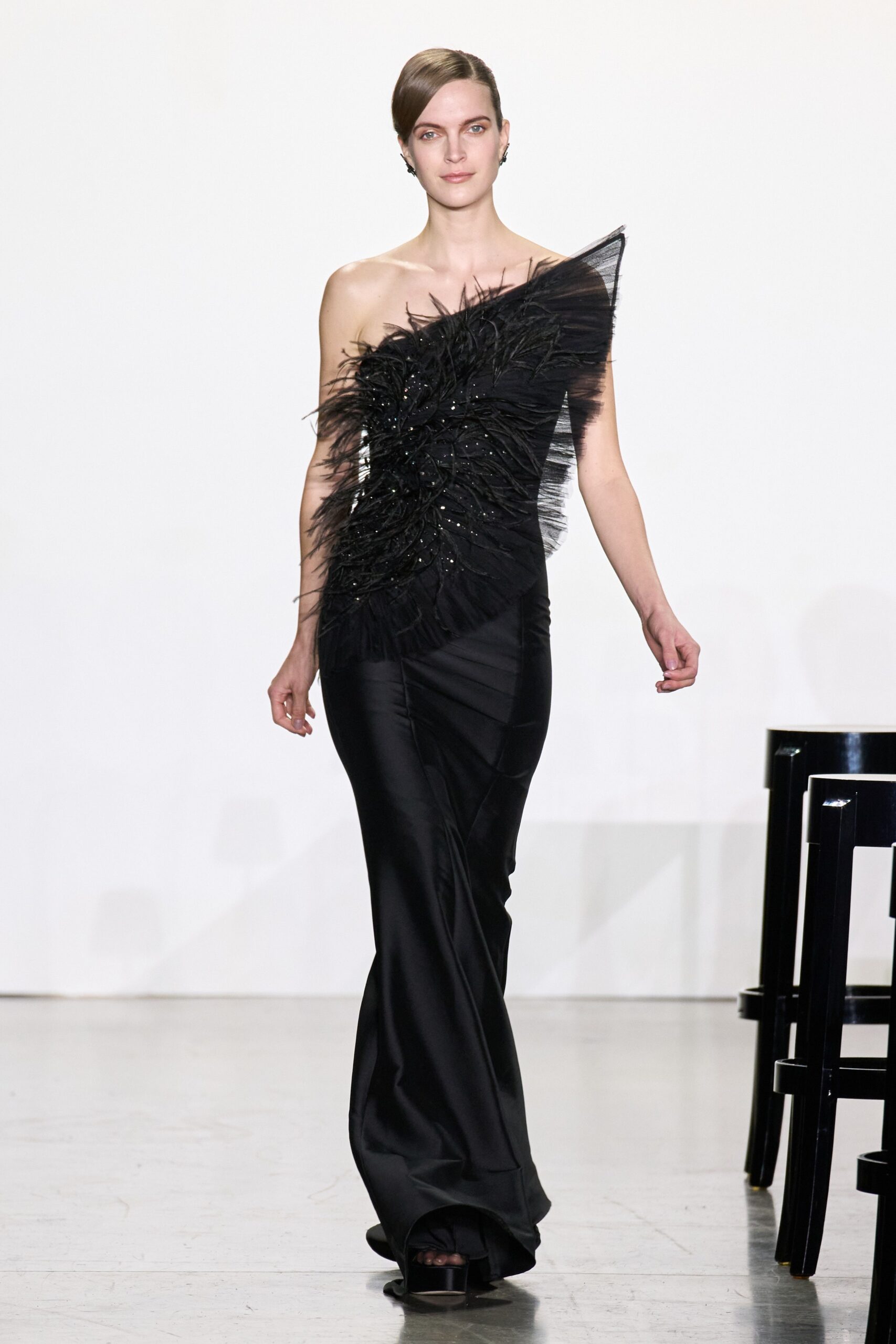 black silk off-shoulder gown