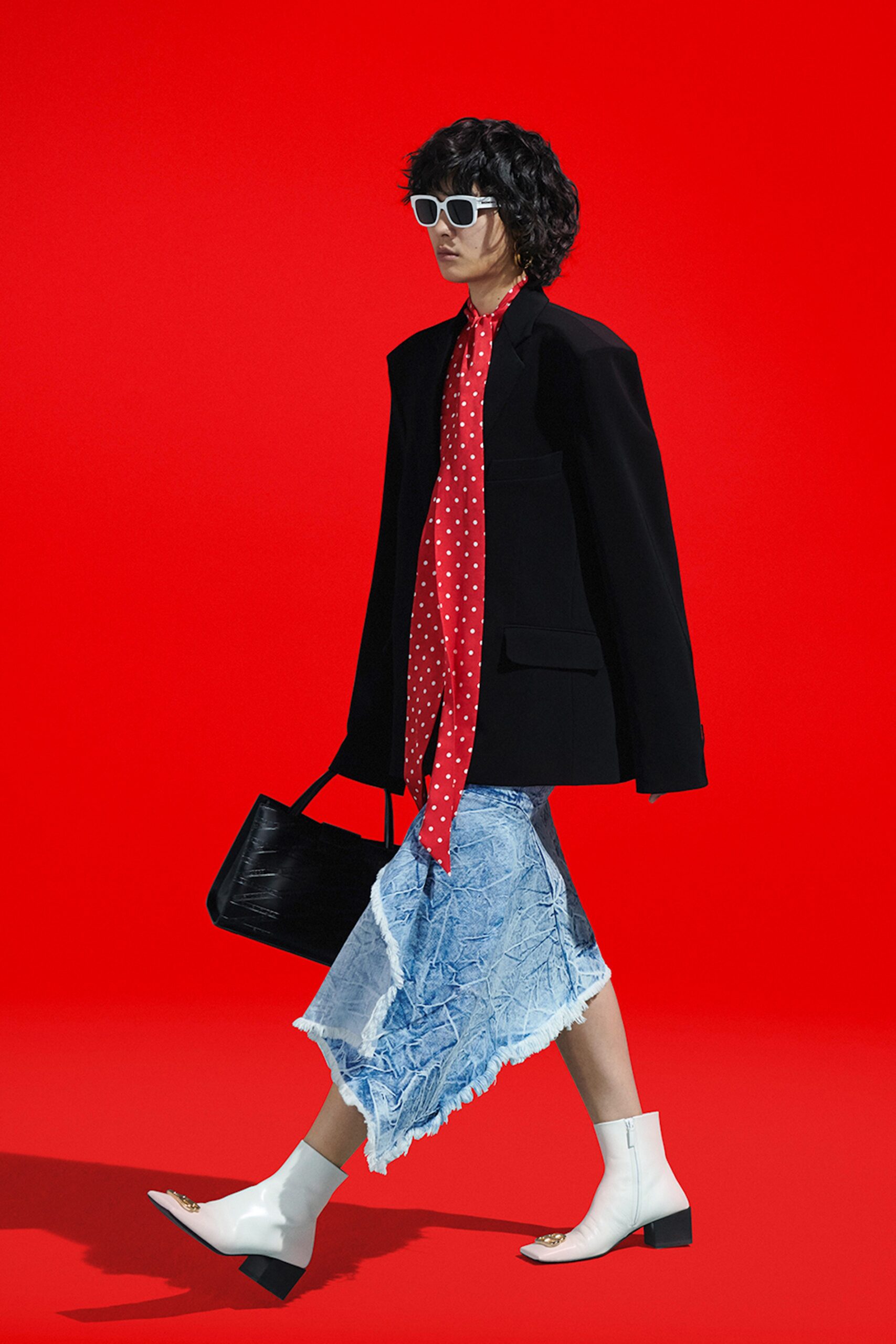 oversized black blazer with polka-dot top