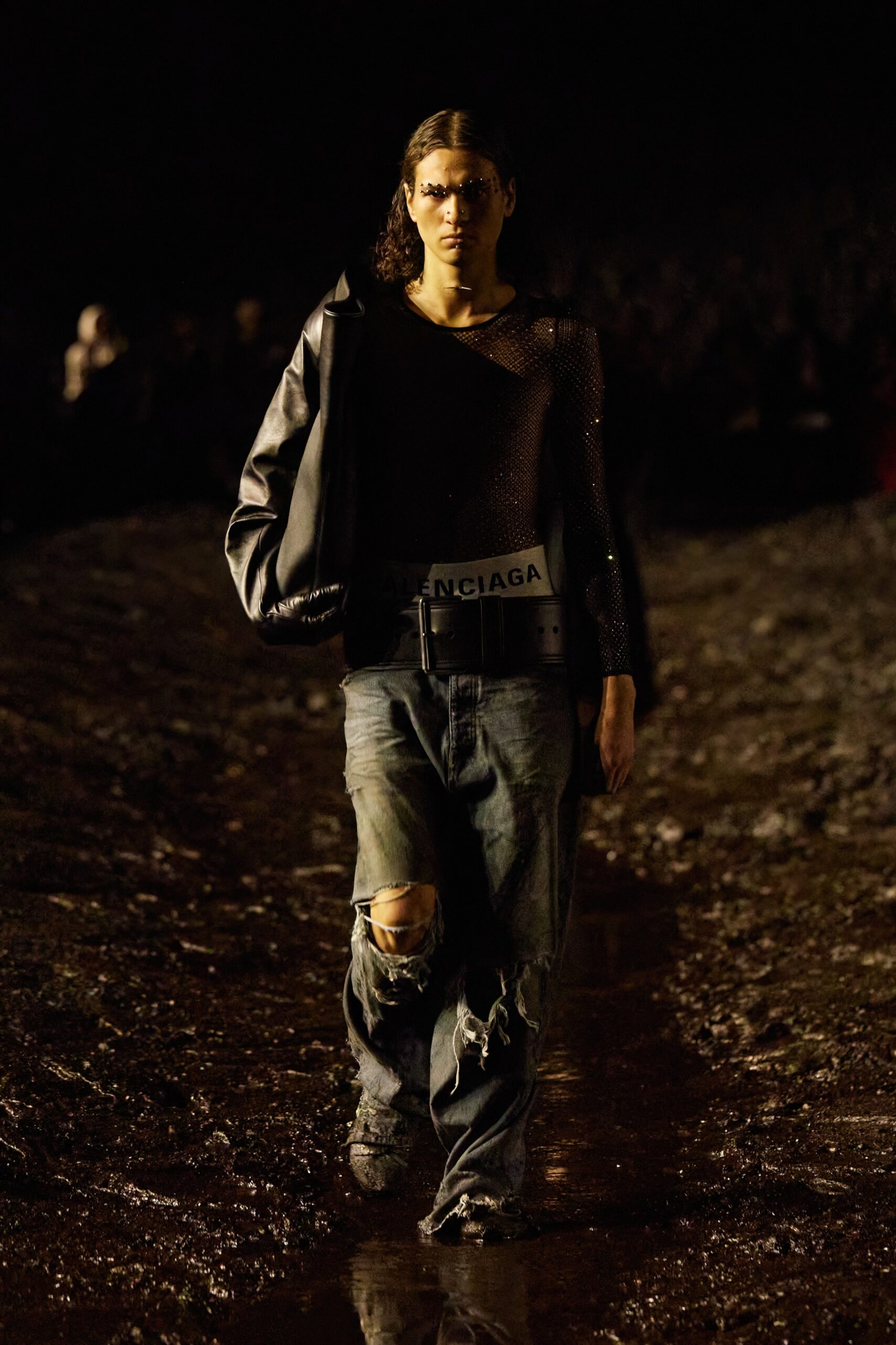 black mesh top with distressed jeans