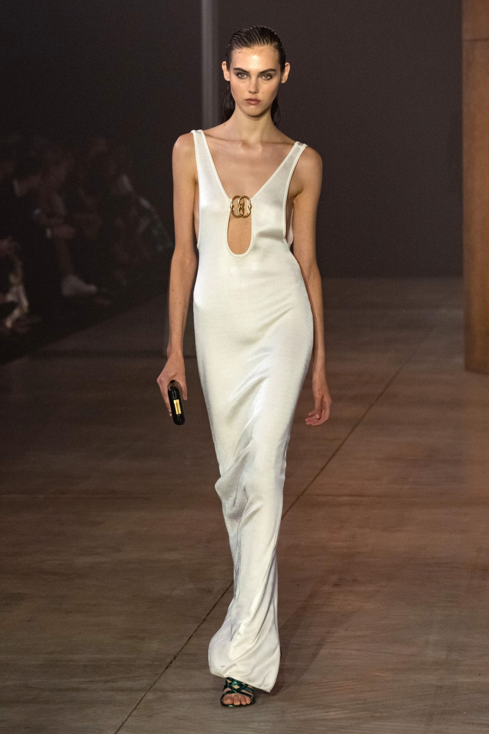 fitted white silk gown