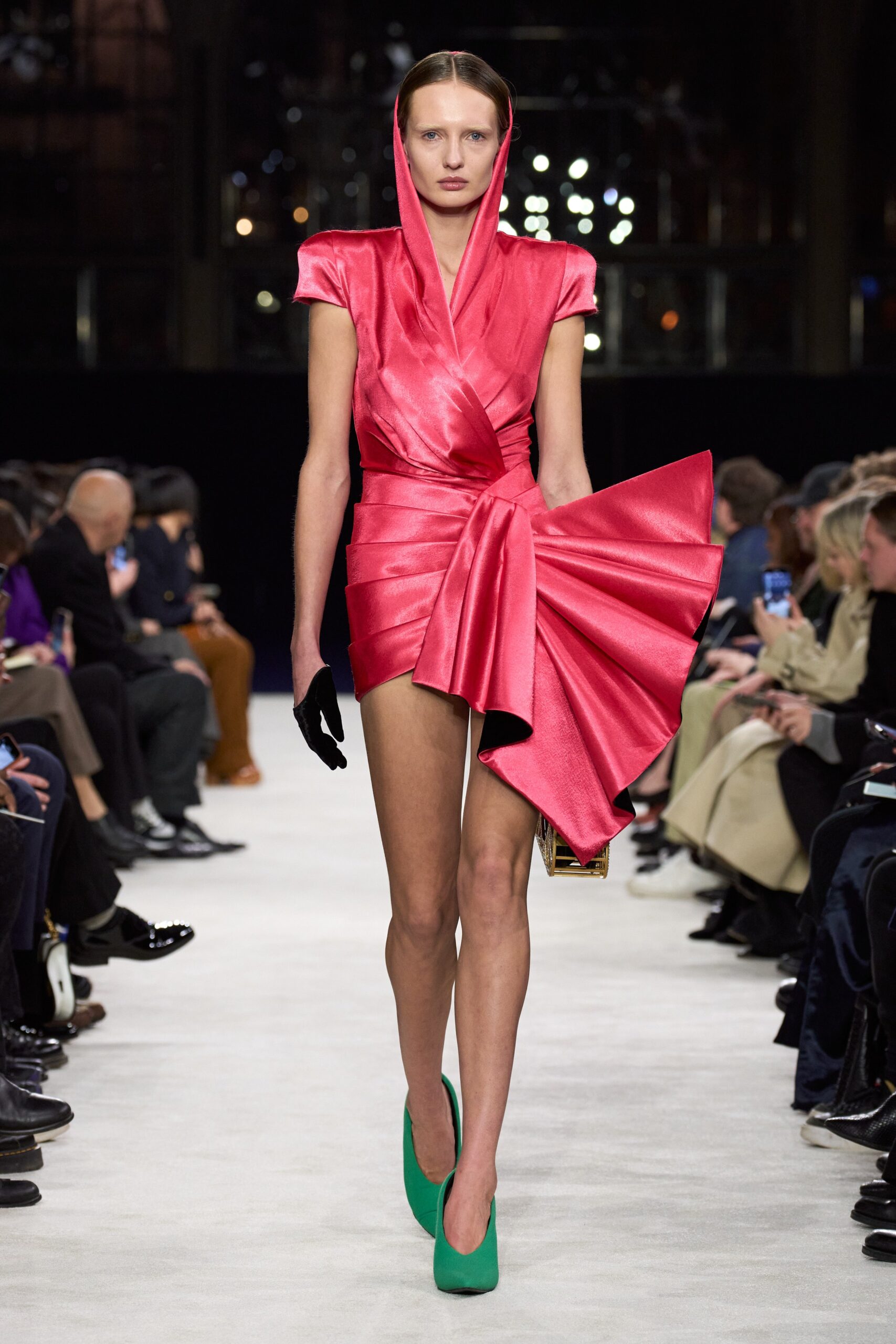 fitted pink silk hooded dress