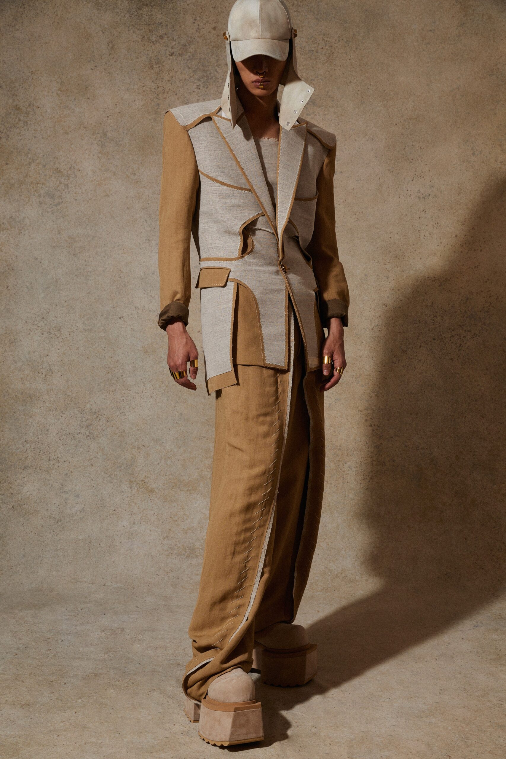 beige cotton long-sleeve collared structured buttoned layered jacket