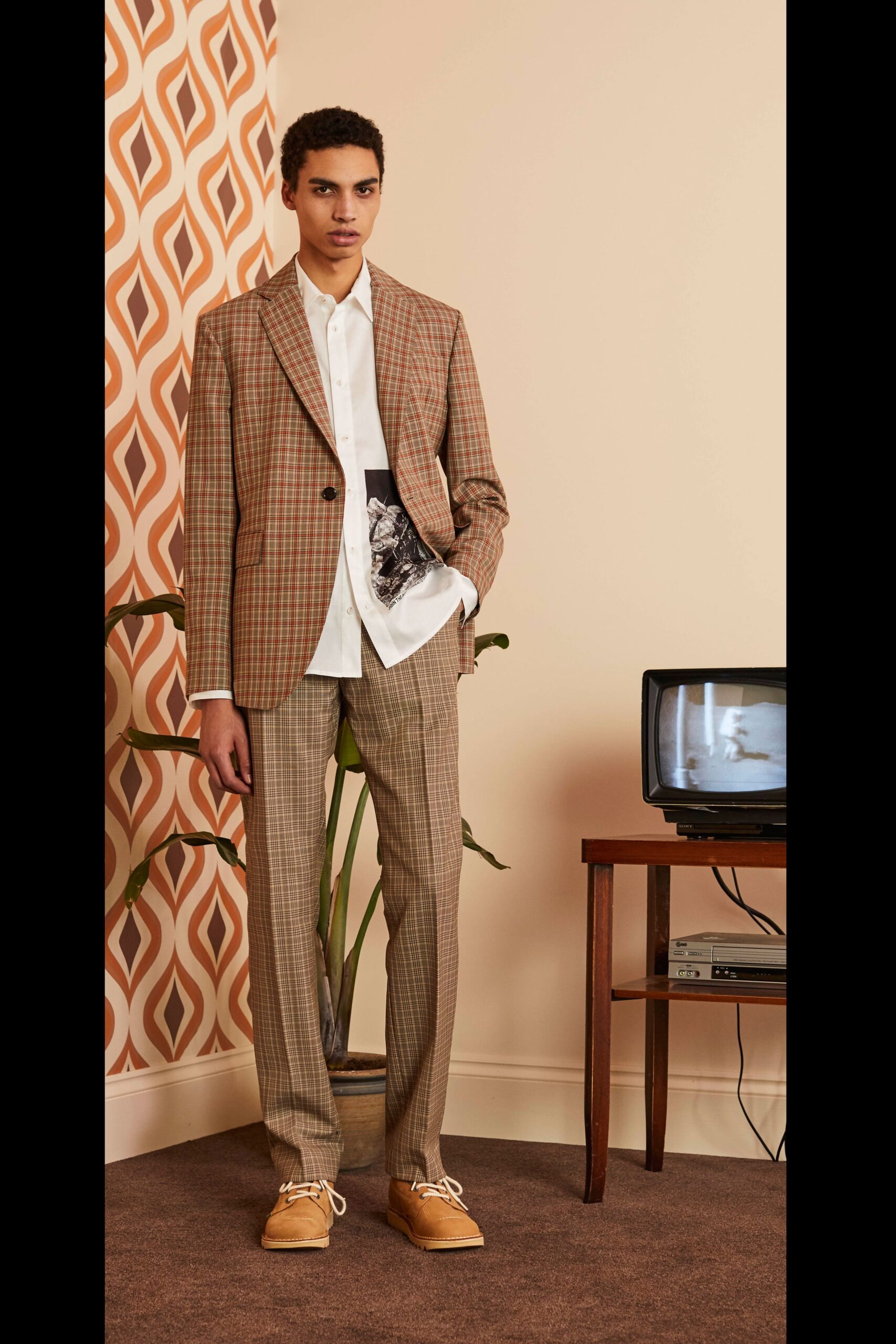 brown checked tailored suit