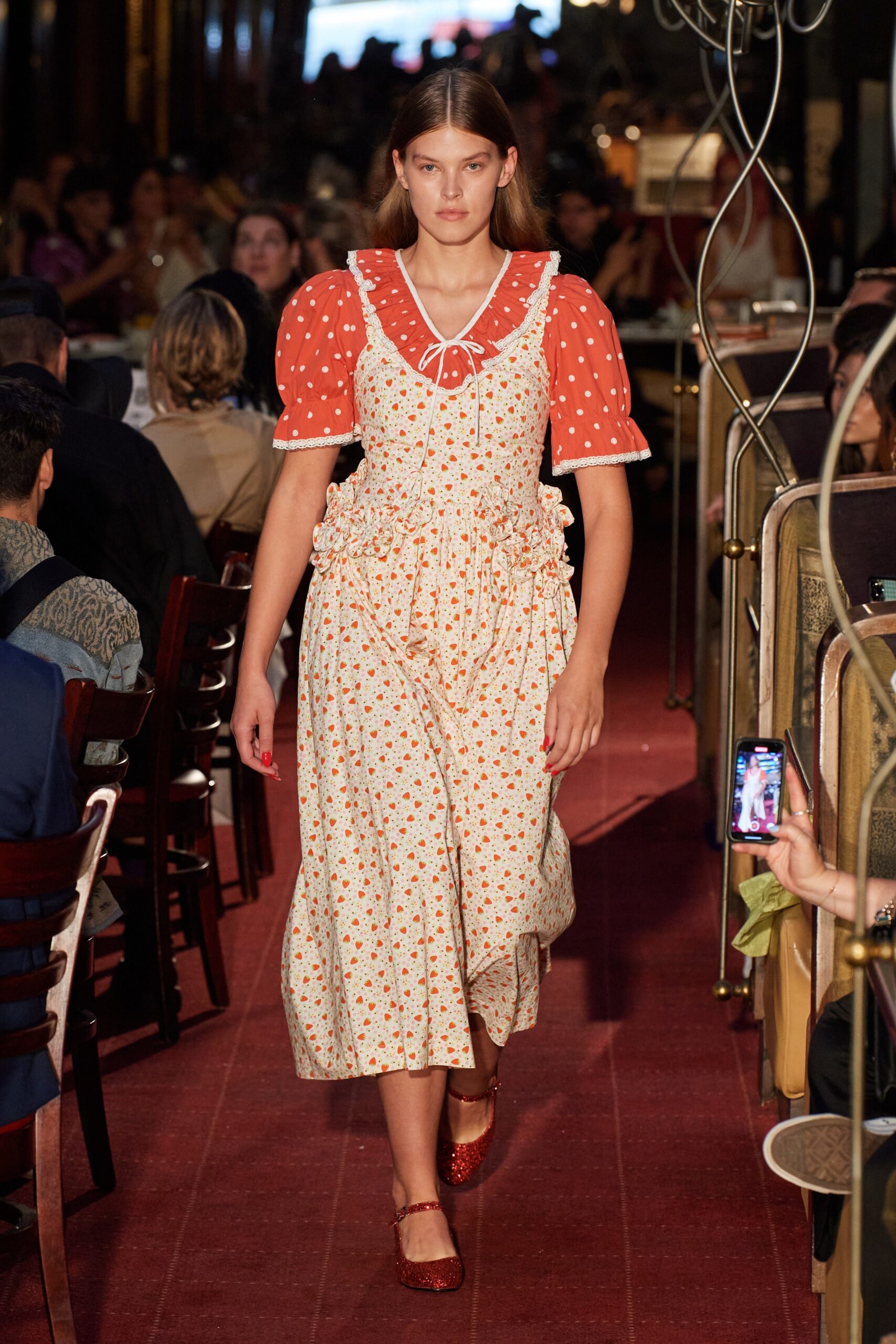 red and white polka-dot midi dress