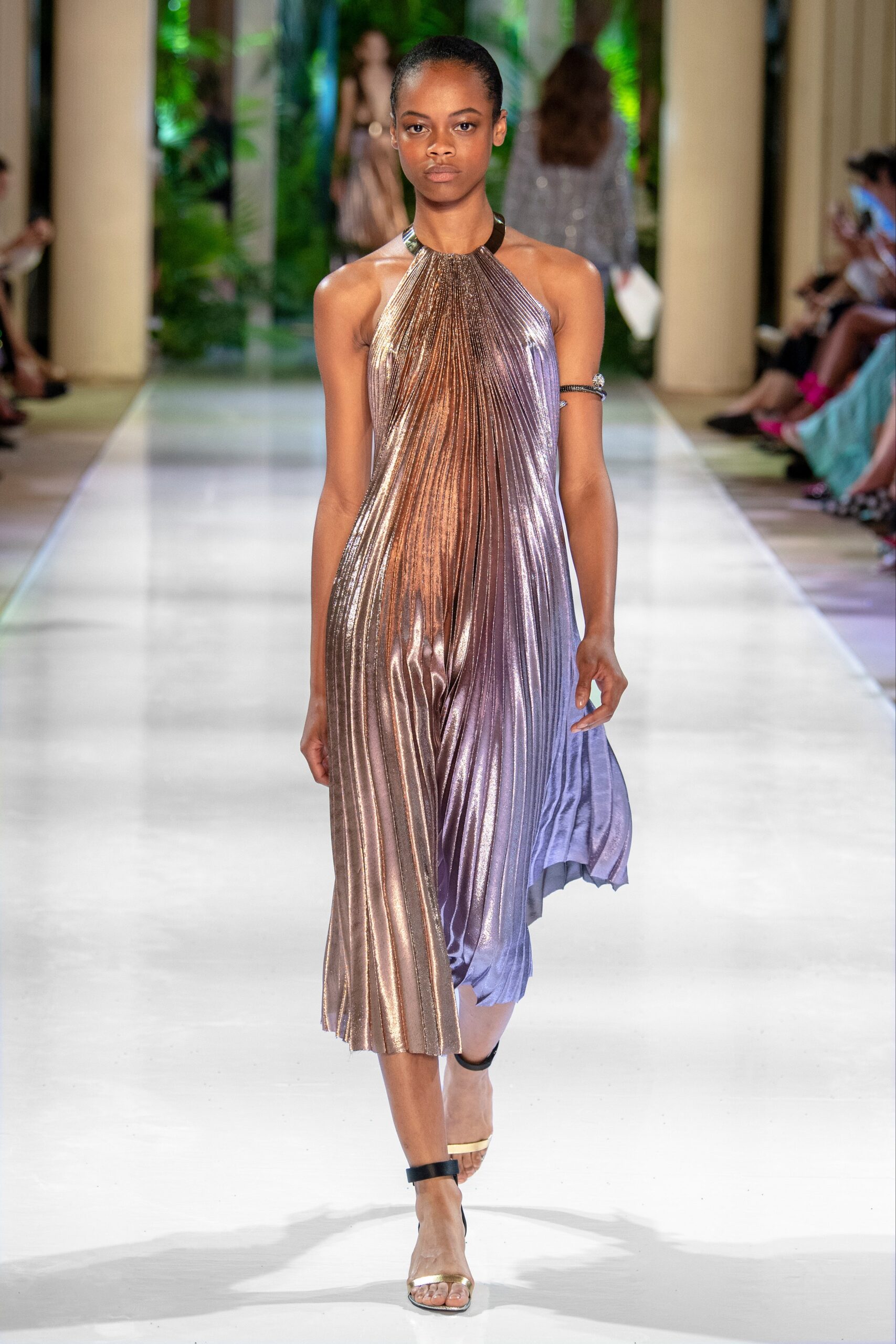 purple gold pleated midi dress