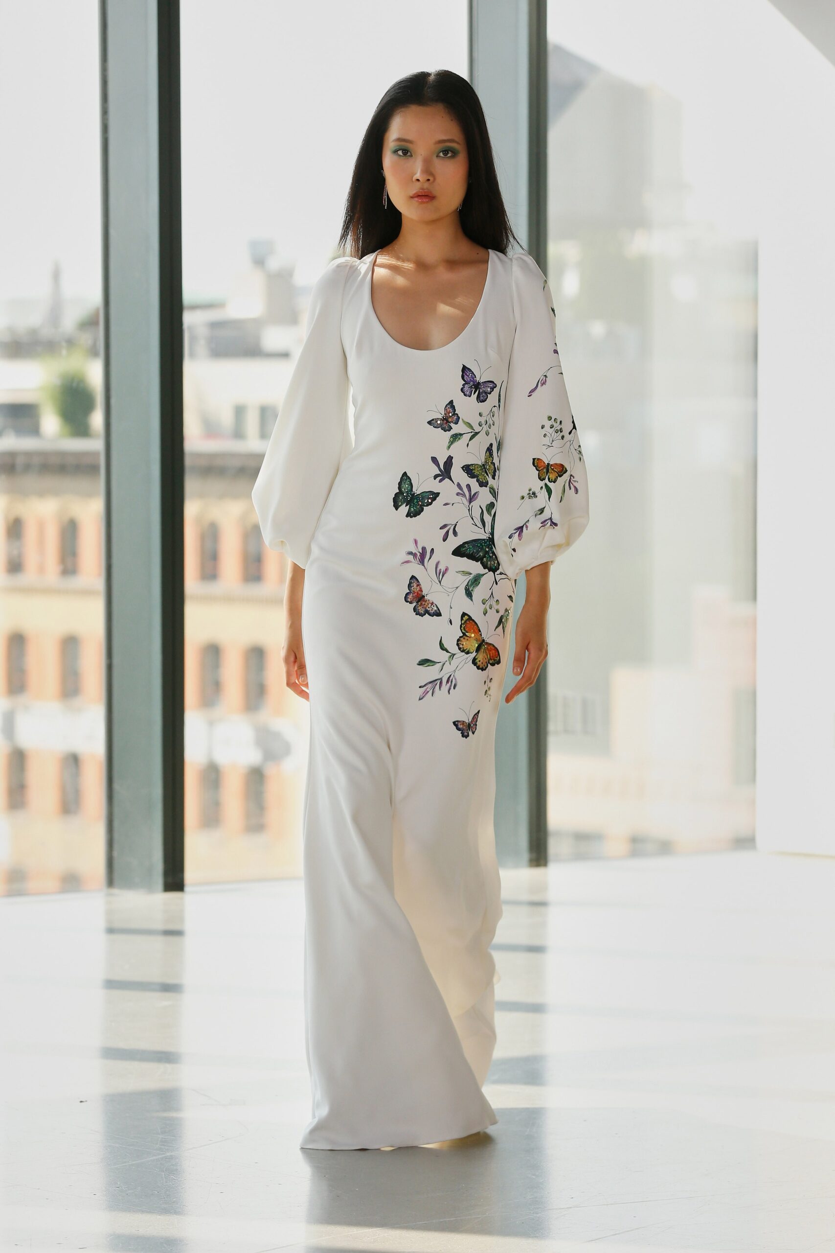 white silk fitted gown