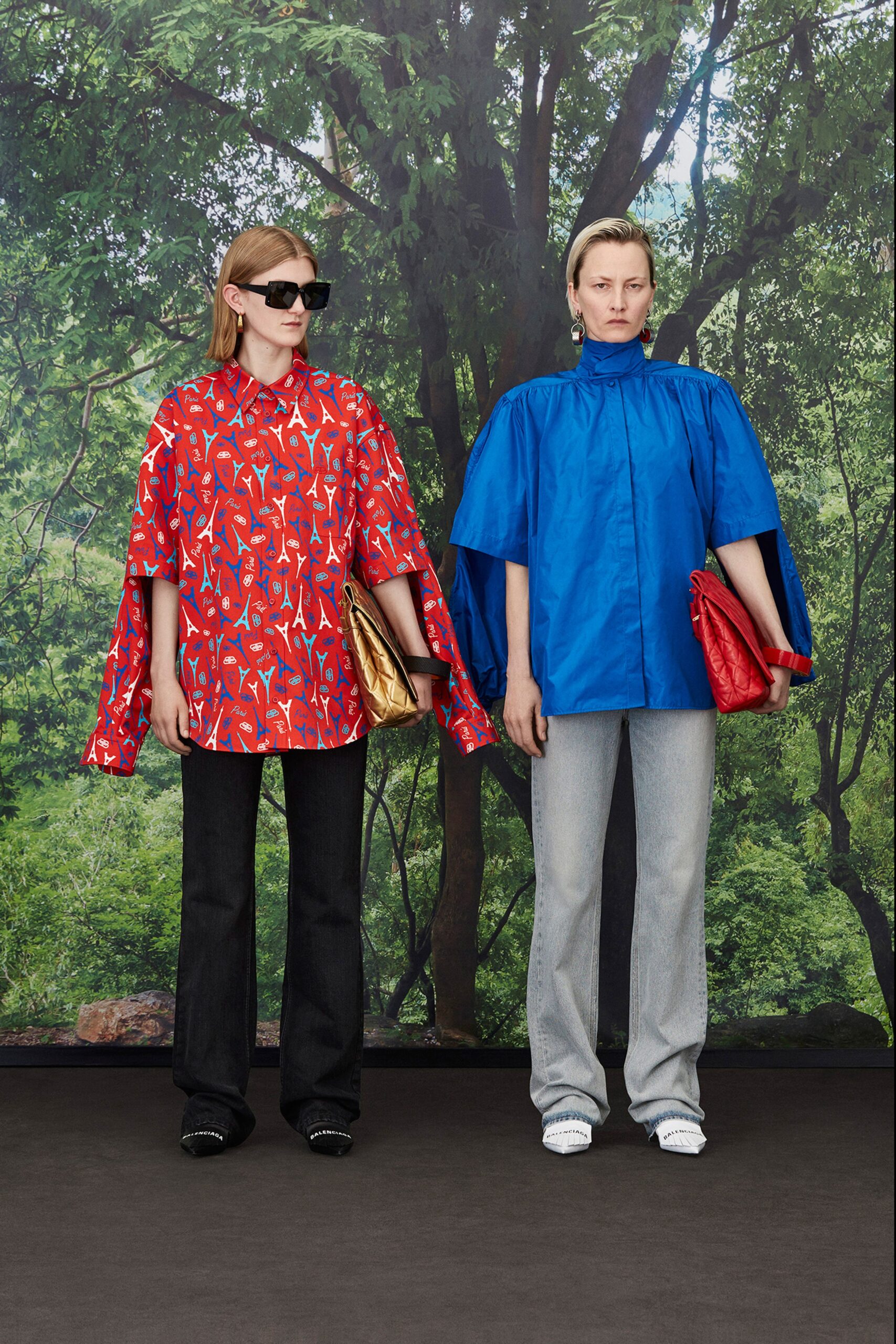 red printed top blue cape gray pants