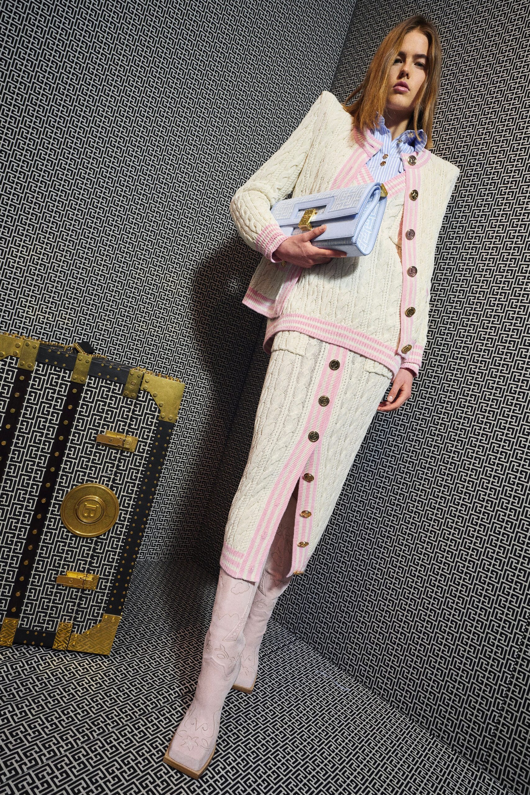 white and pink fitted suit