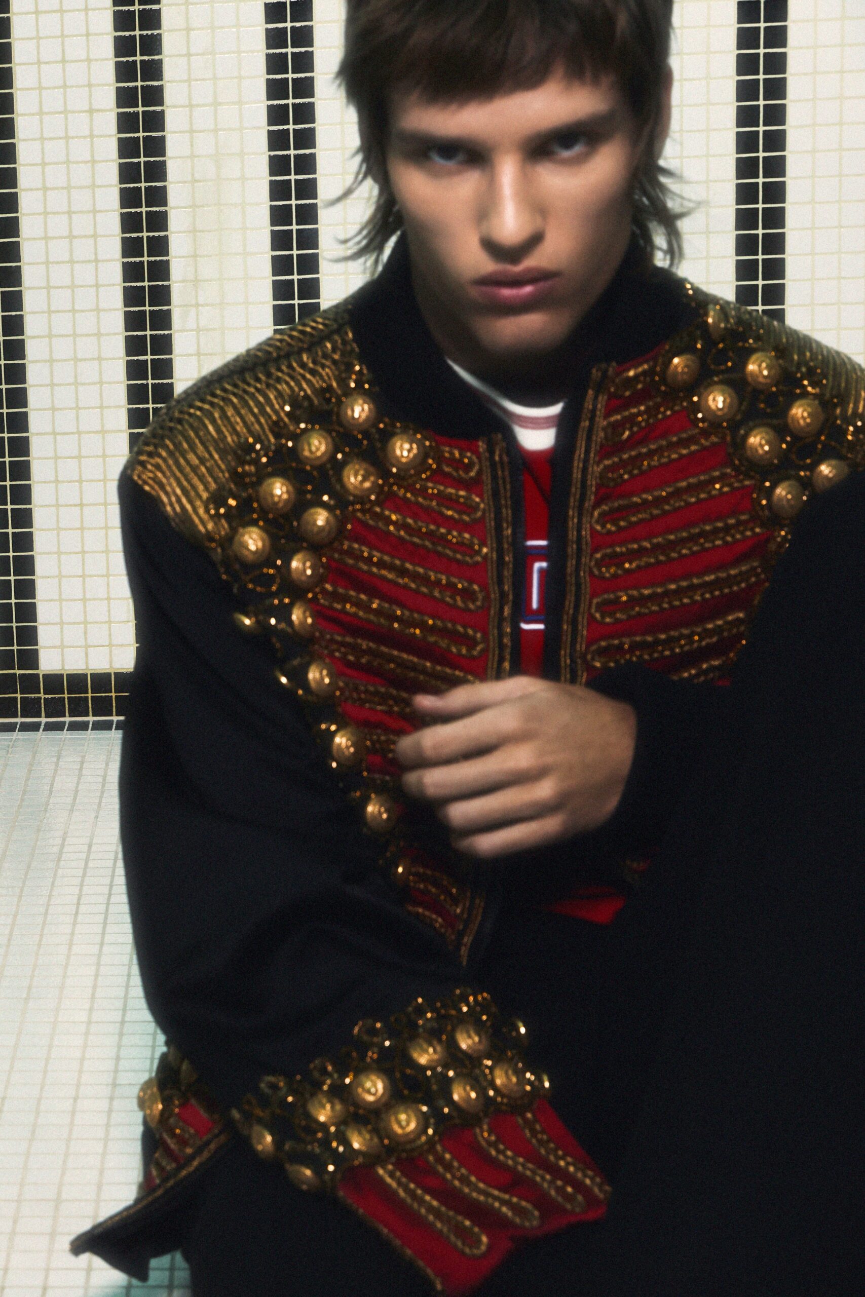 black embroidered jacket with white shirt