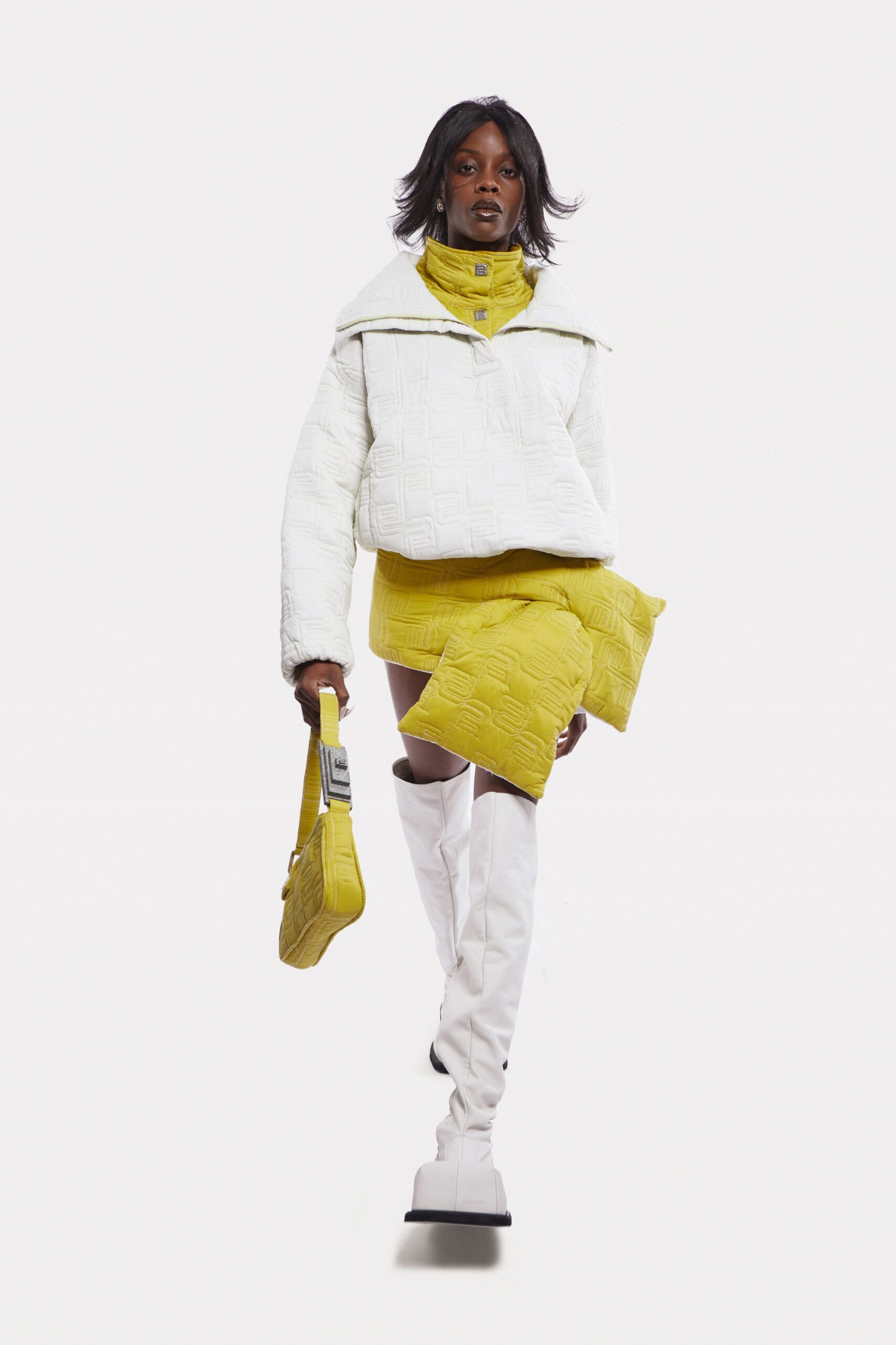 white jacket yellow skirt outfit