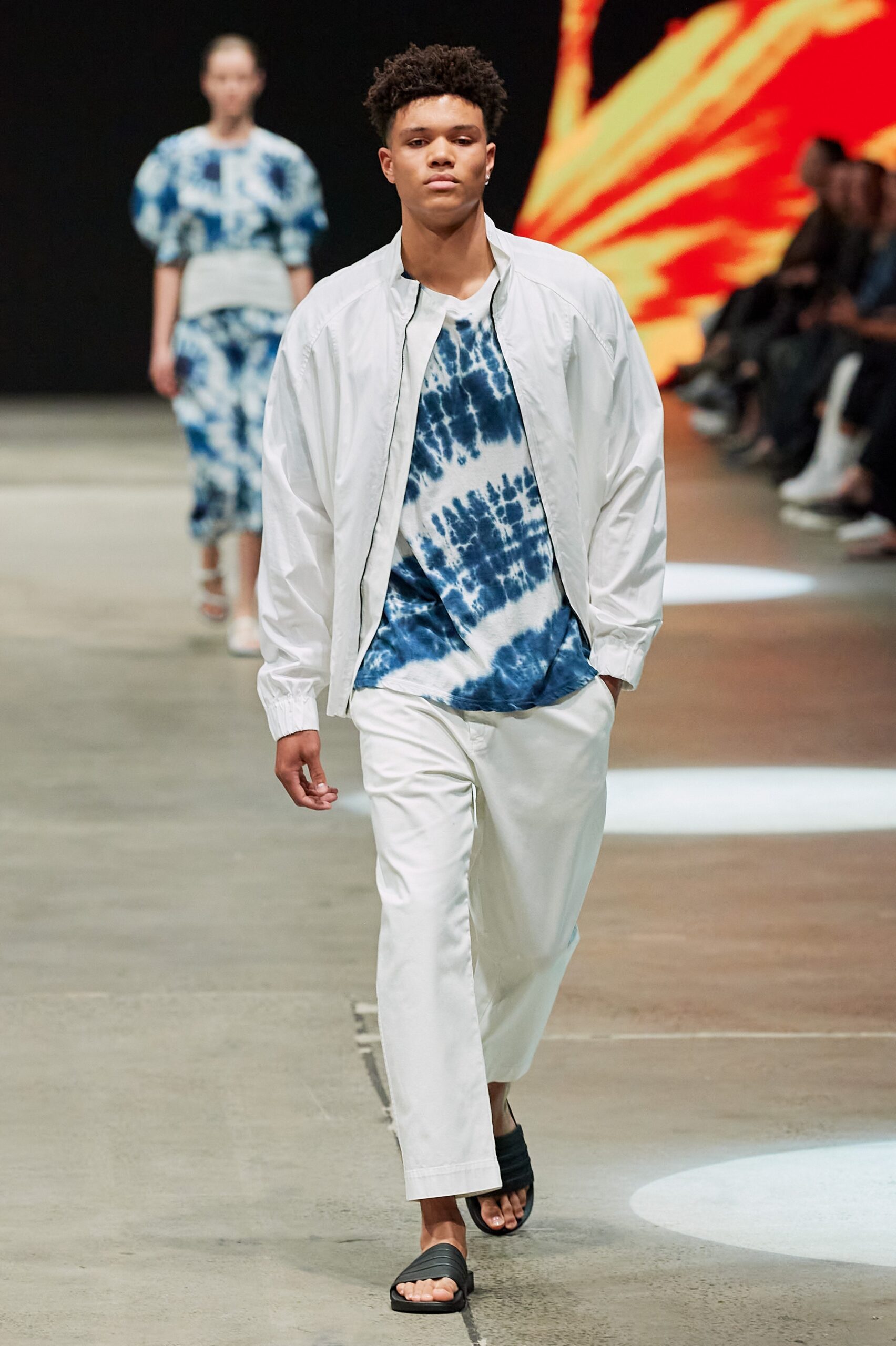 white relaxed jacket with blue t-shirt