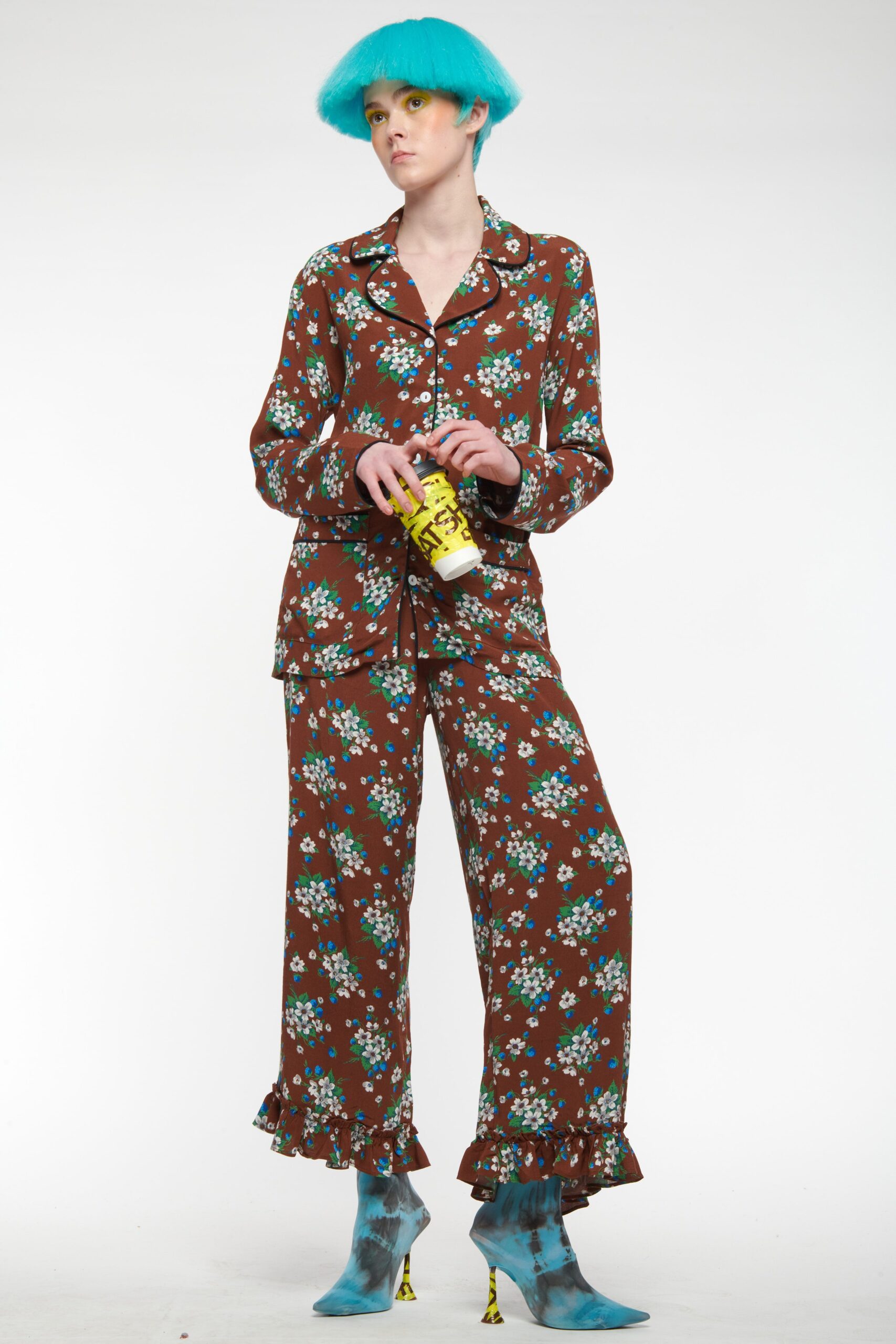 brown floral shirt and pants