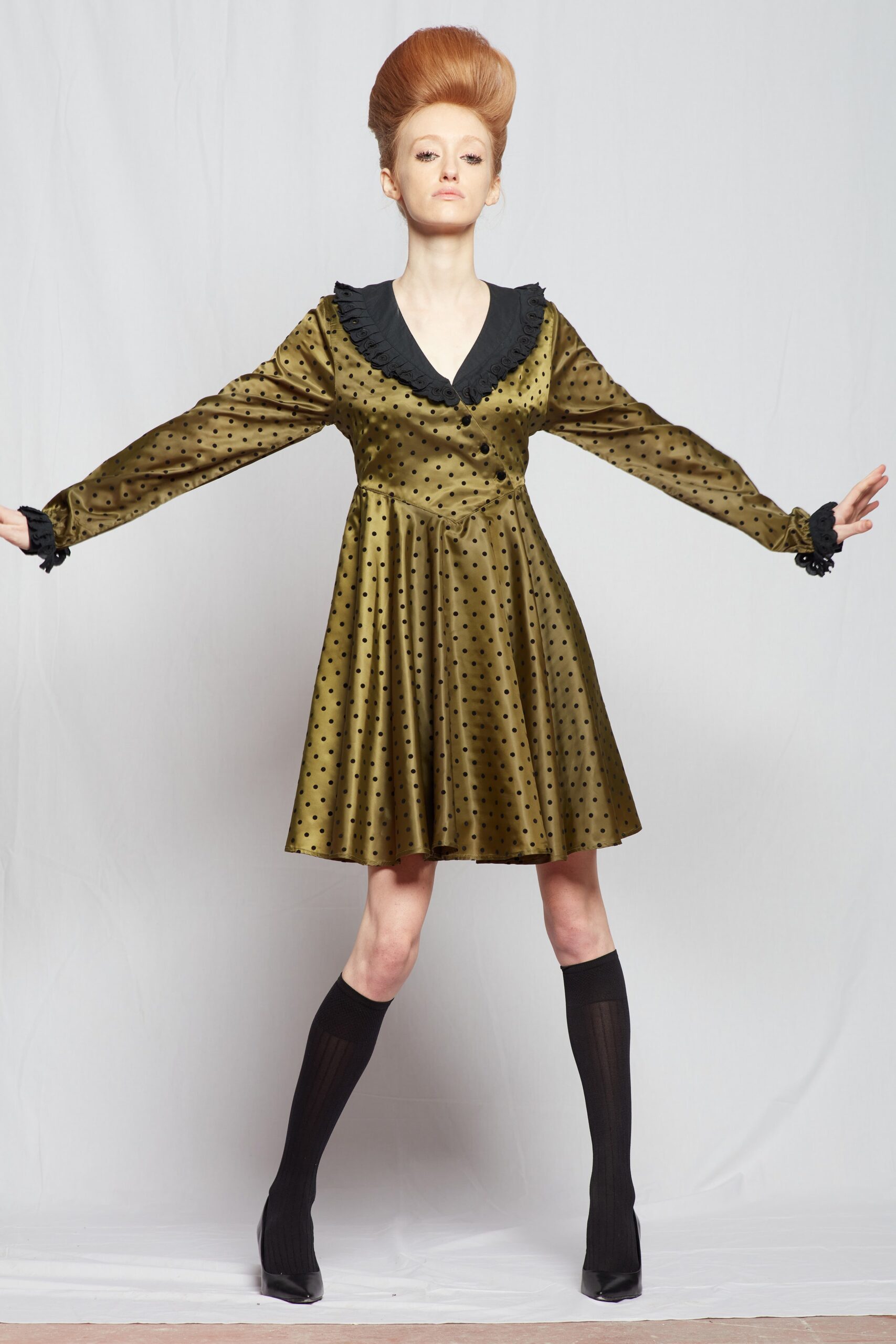 olive silk long-sleeve polka-dot dress