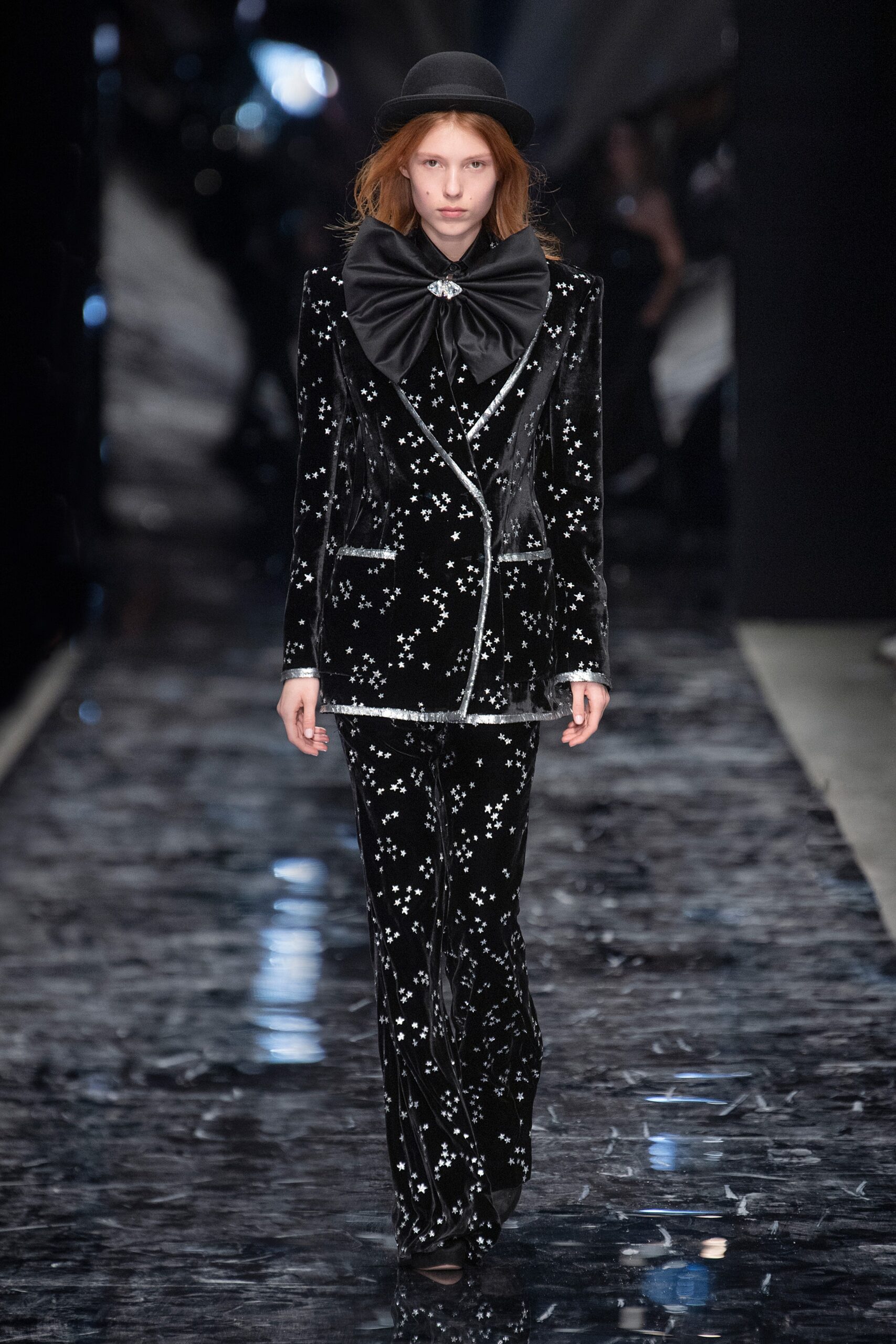 black velvet long-sleeve collared fitted buttoned embellished suit