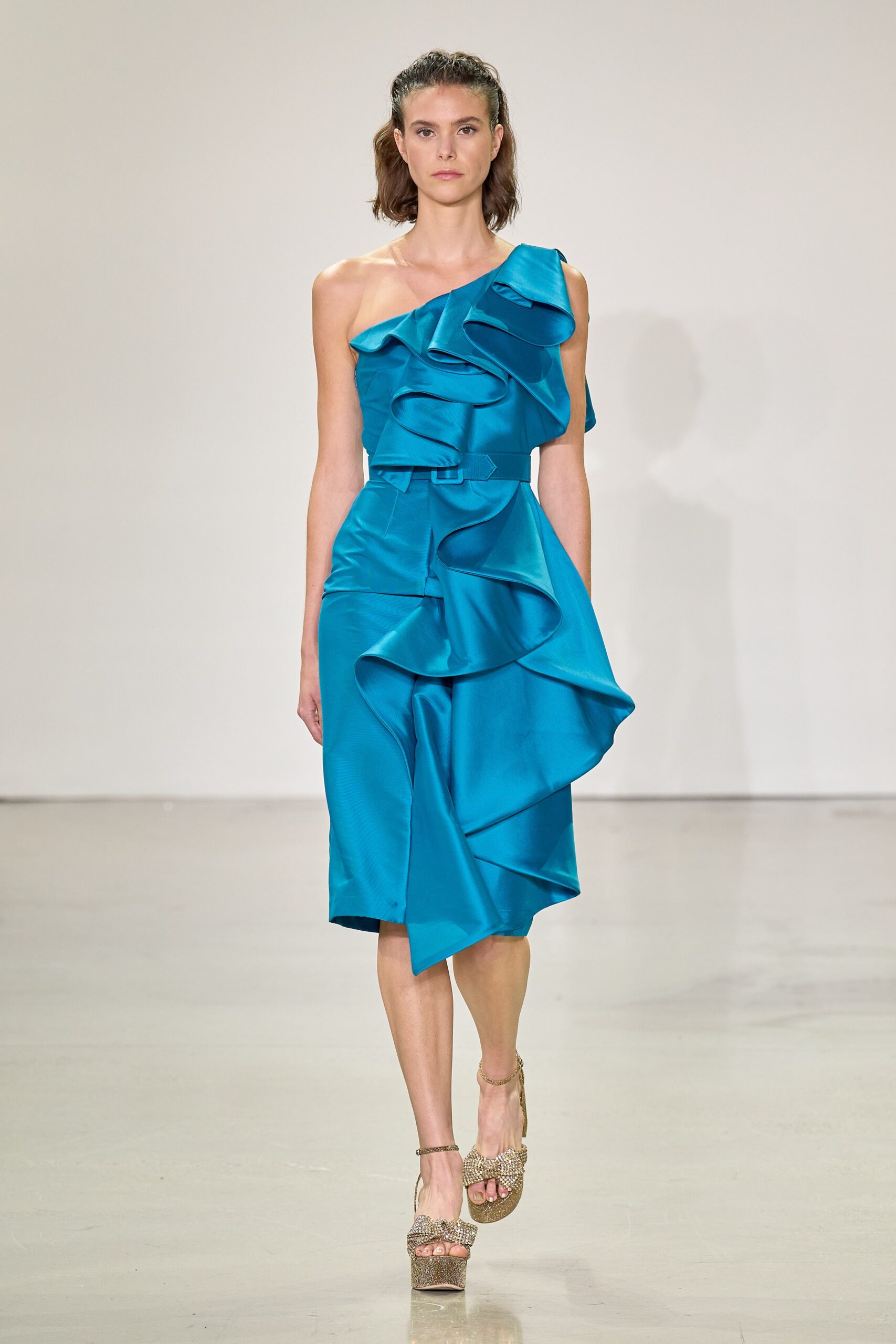 blue silk sleeveless off-shoulder fitted ruffled midi dress
