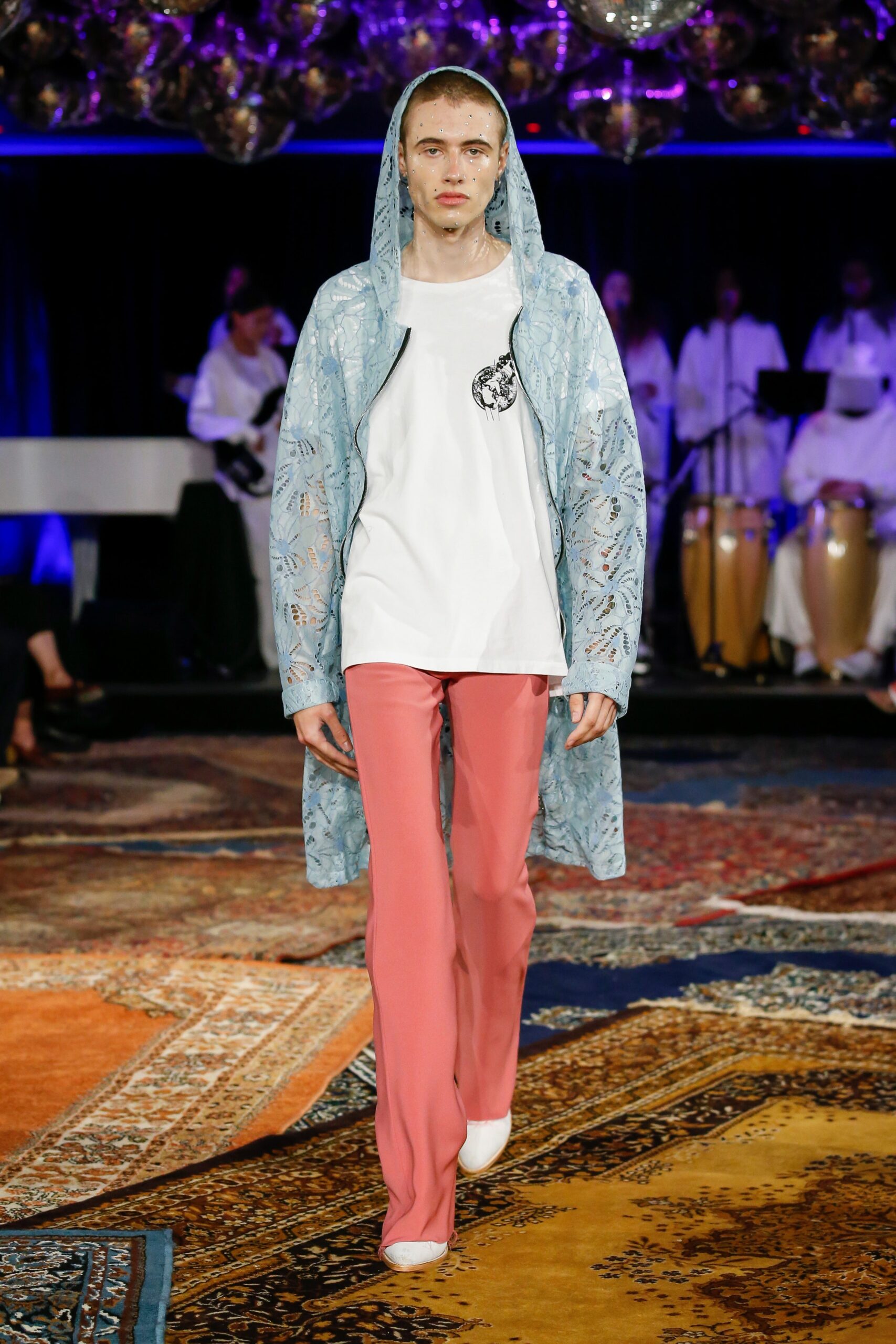 blue lace coat with pink pants