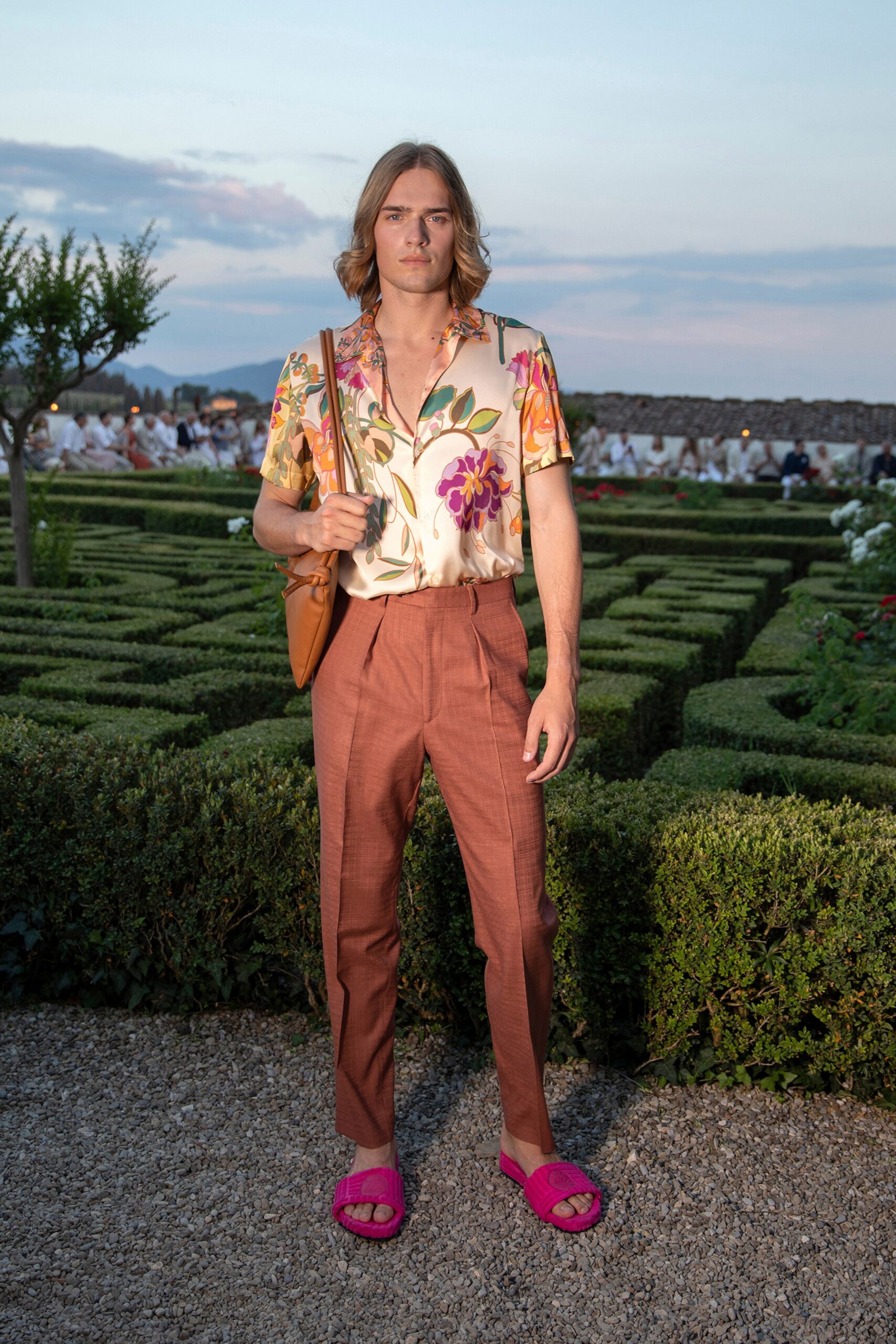 floral short-sleeve shirt with tailored pants