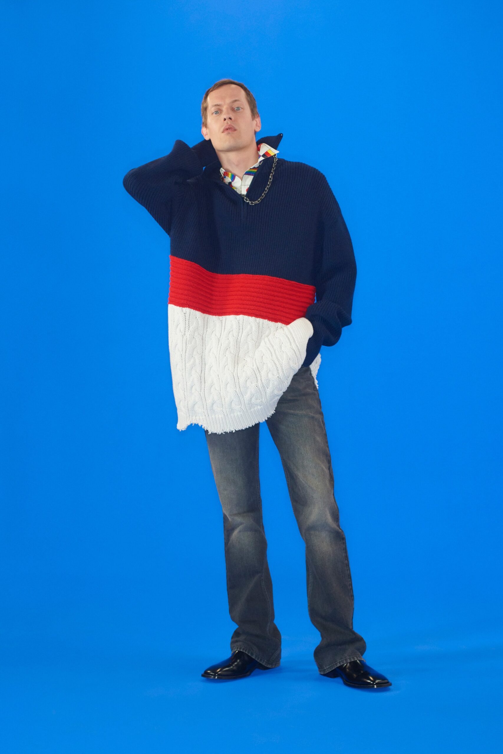 blue cotton long-sleeve oversized sweater