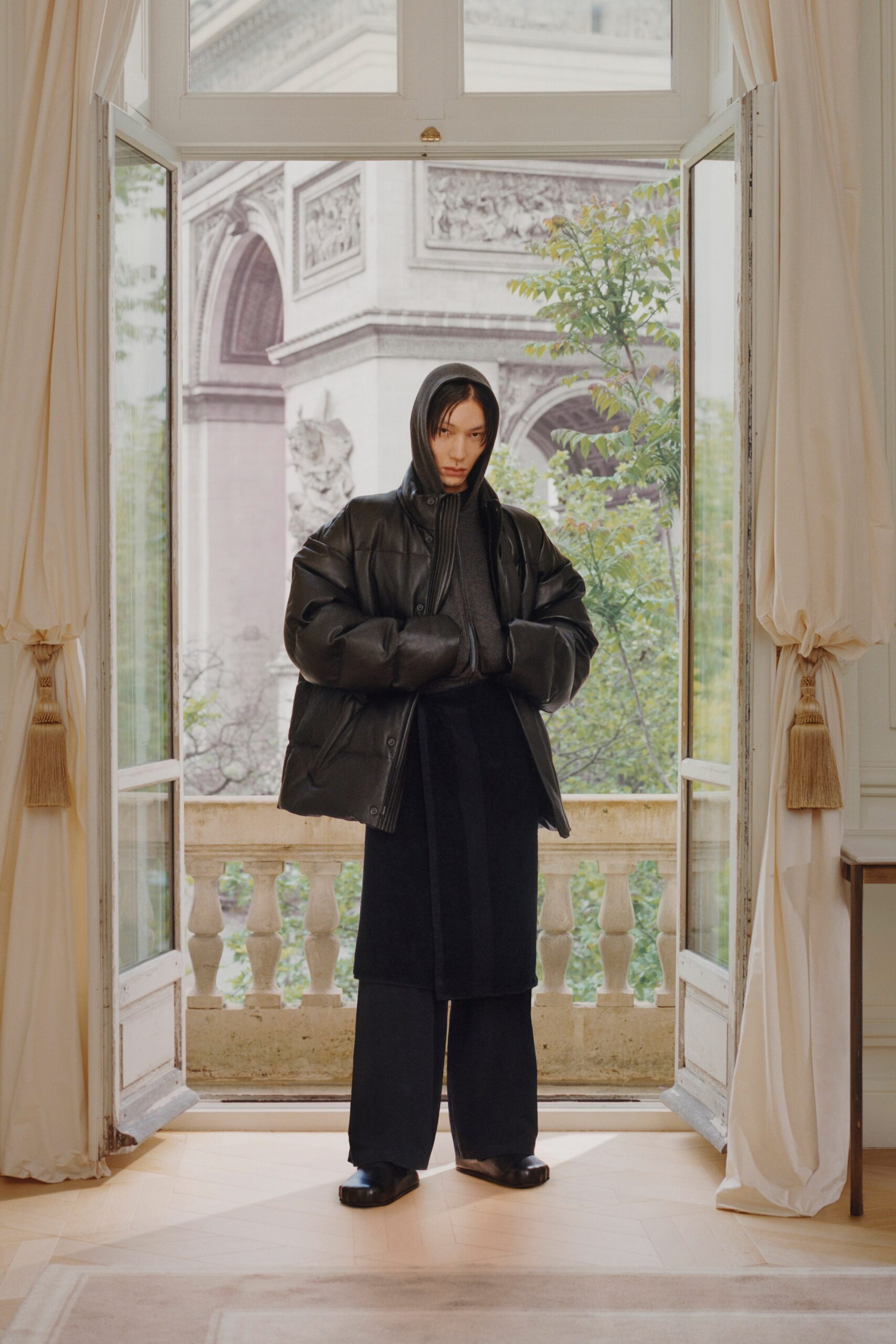 black leather oversized jacket with gray top