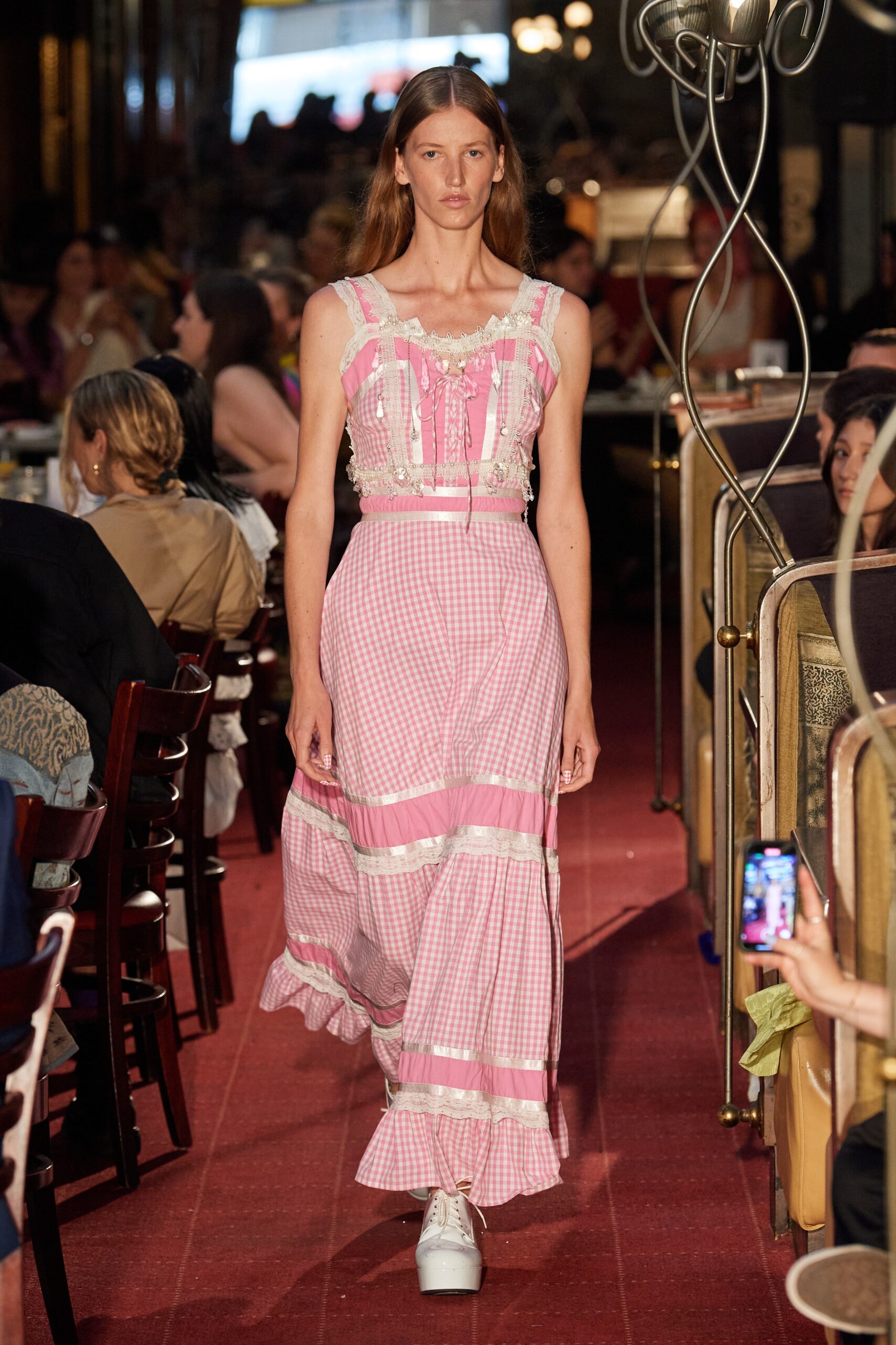 pink and white ruffled maxi dress