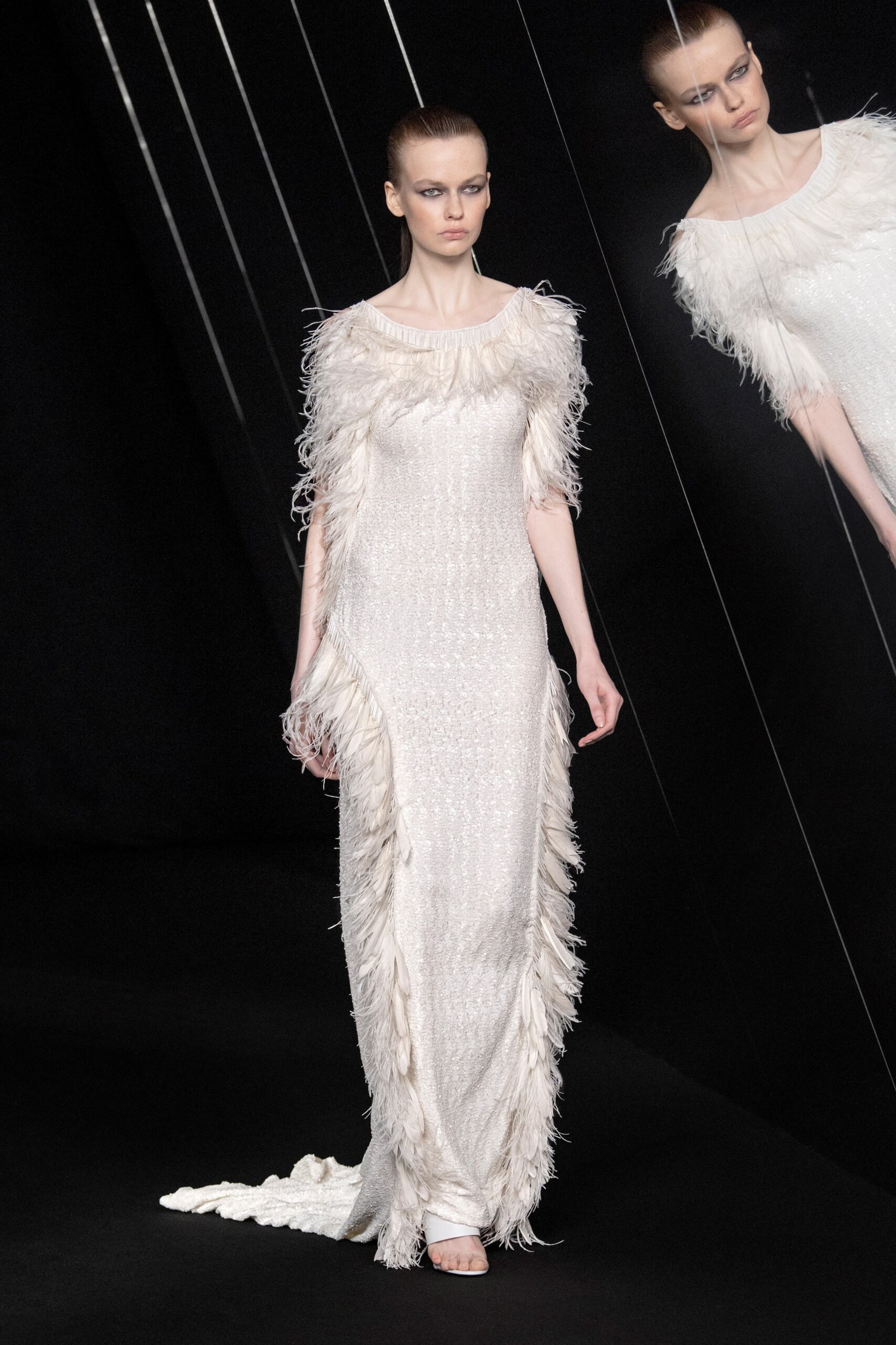 white silk fringed gown