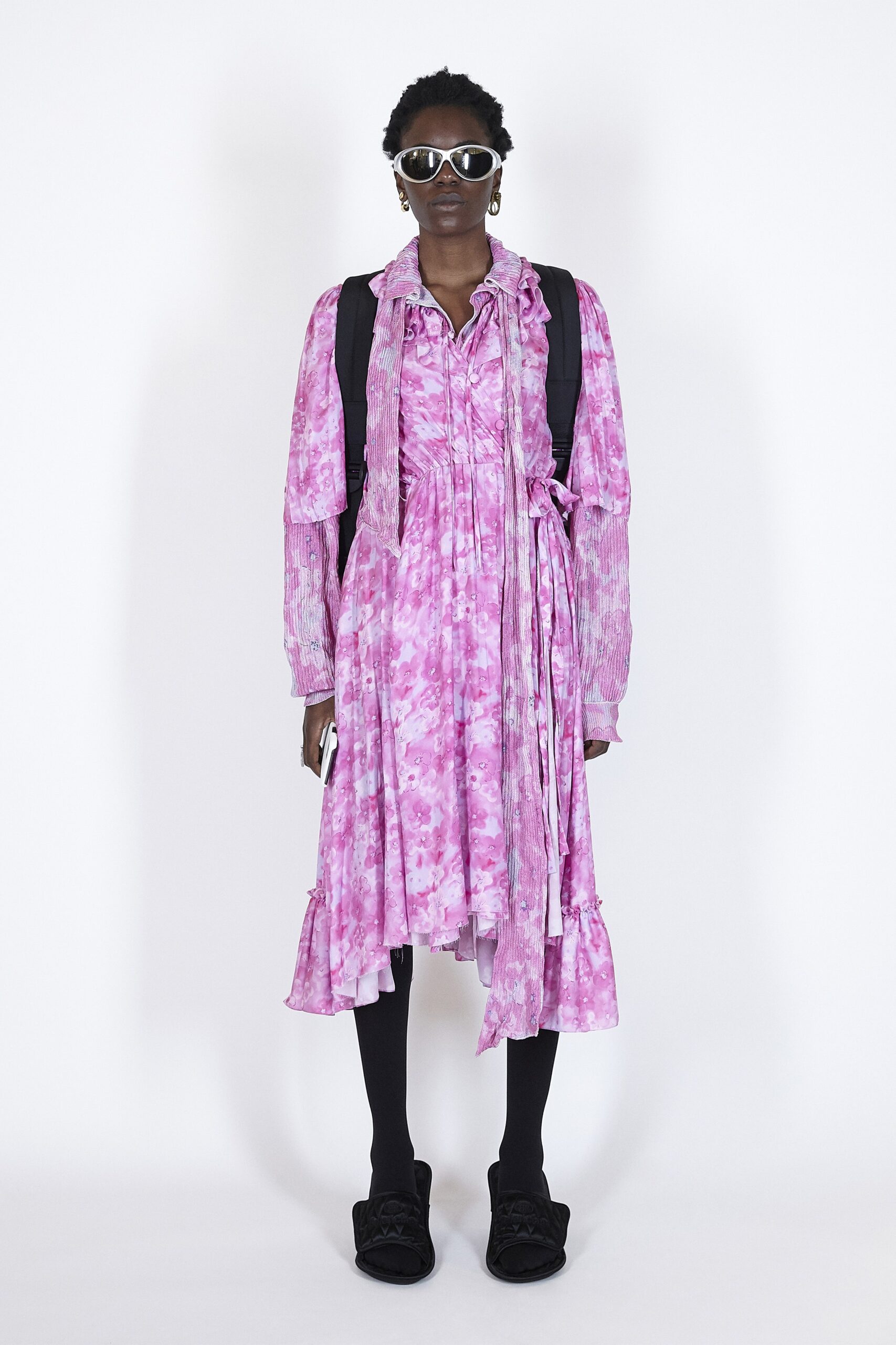 pink cotton long-sleeve collared relaxed ruffled tiered dress