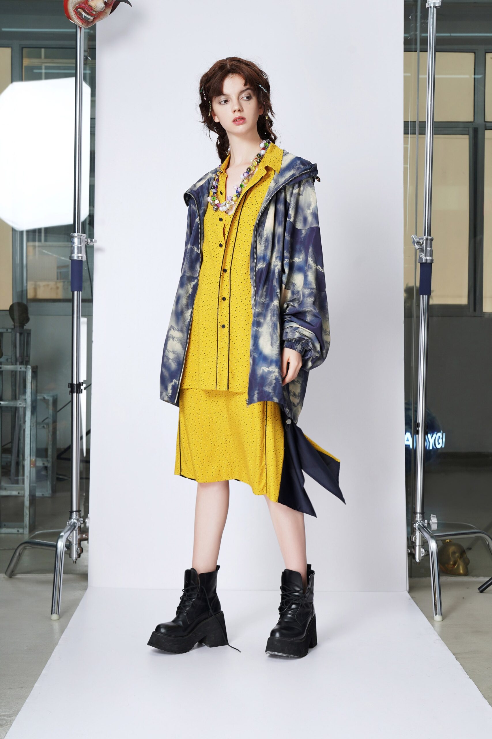 yellow midi dress with oversized jacket