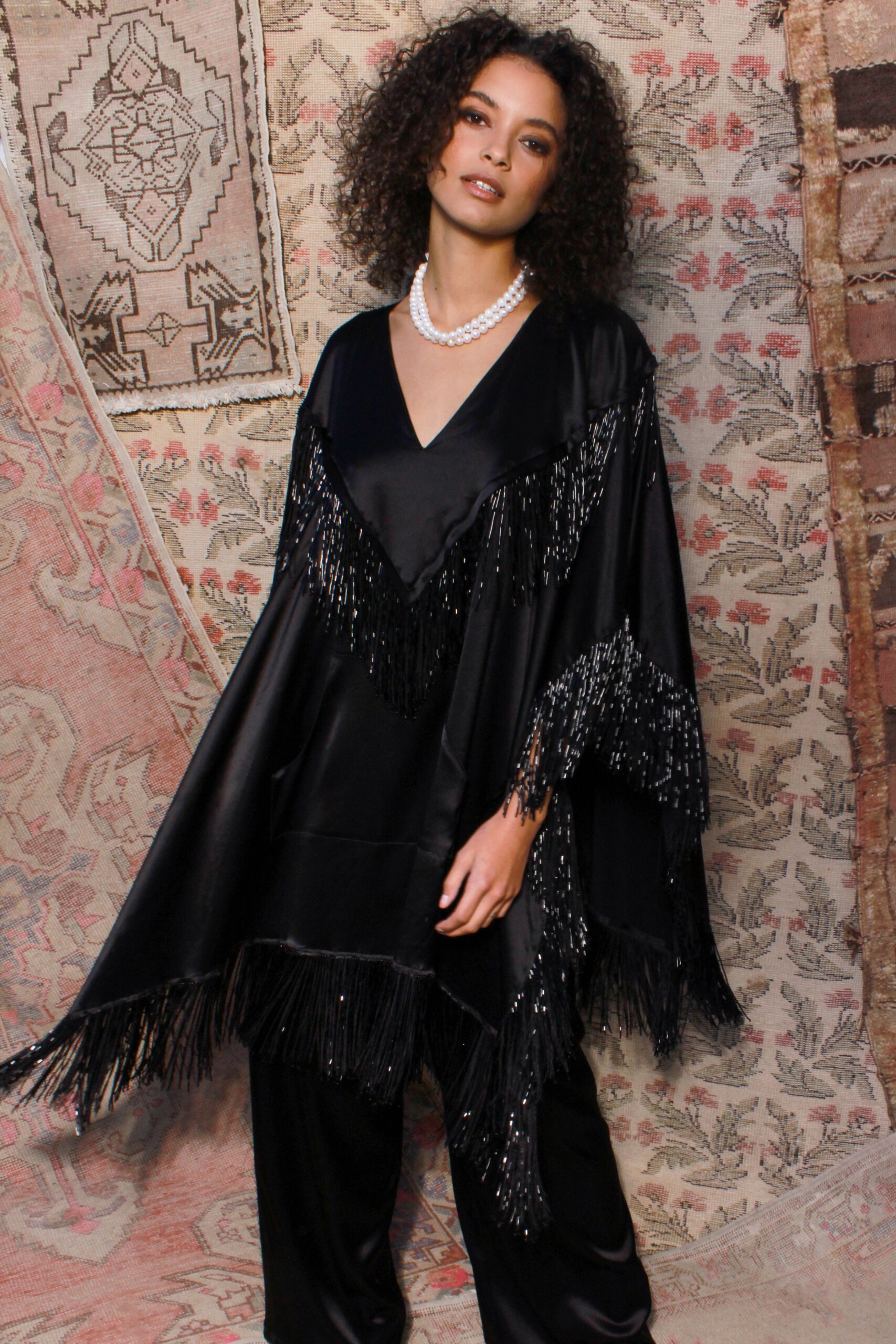 black silk poncho and pants
