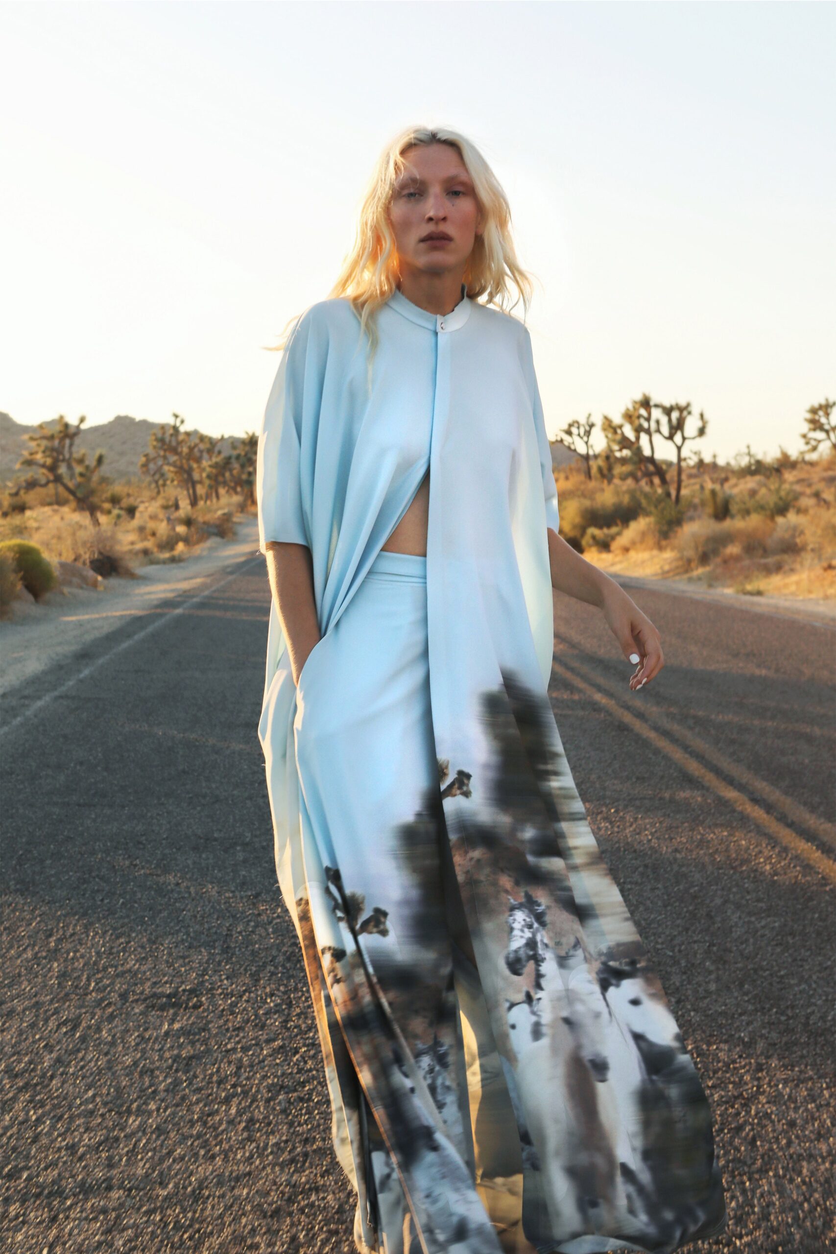 blue silk relaxed cape with wide-leg pants