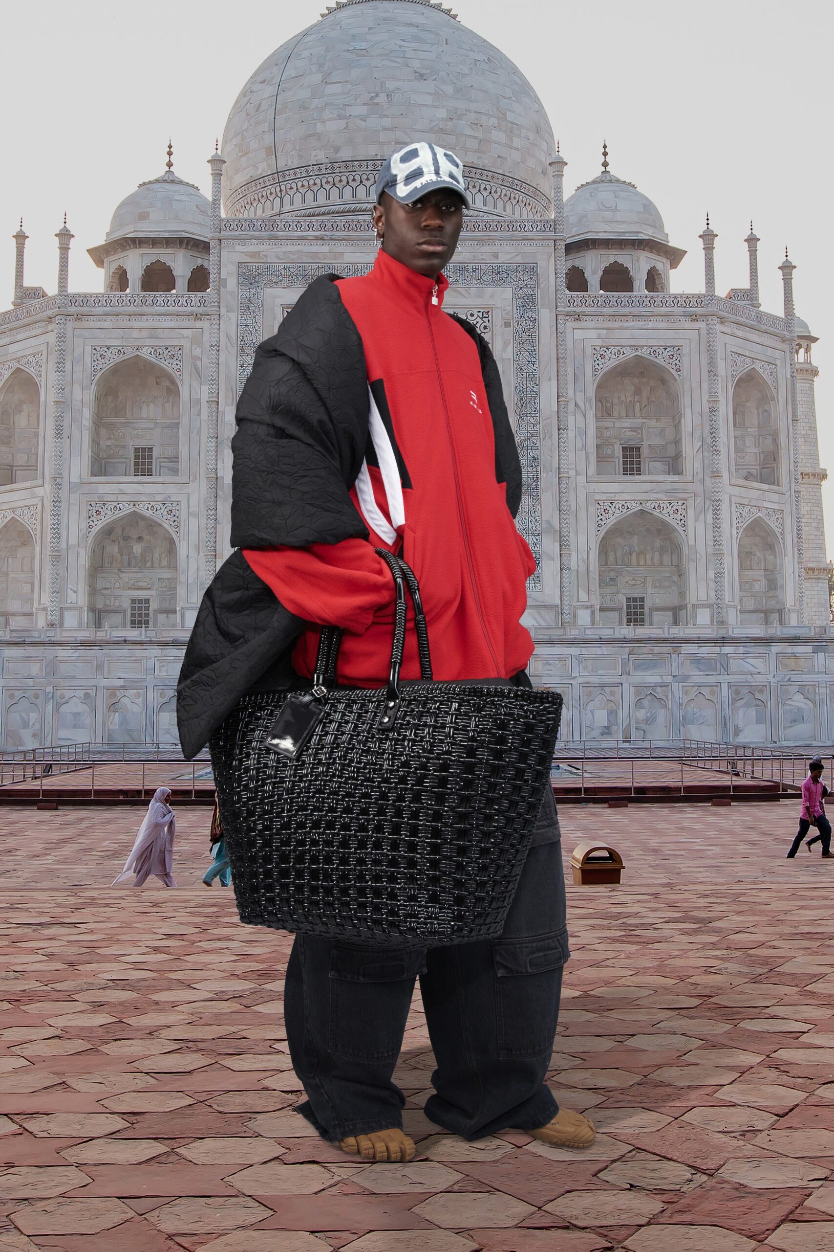 oversized black and red jacket with relaxed pants