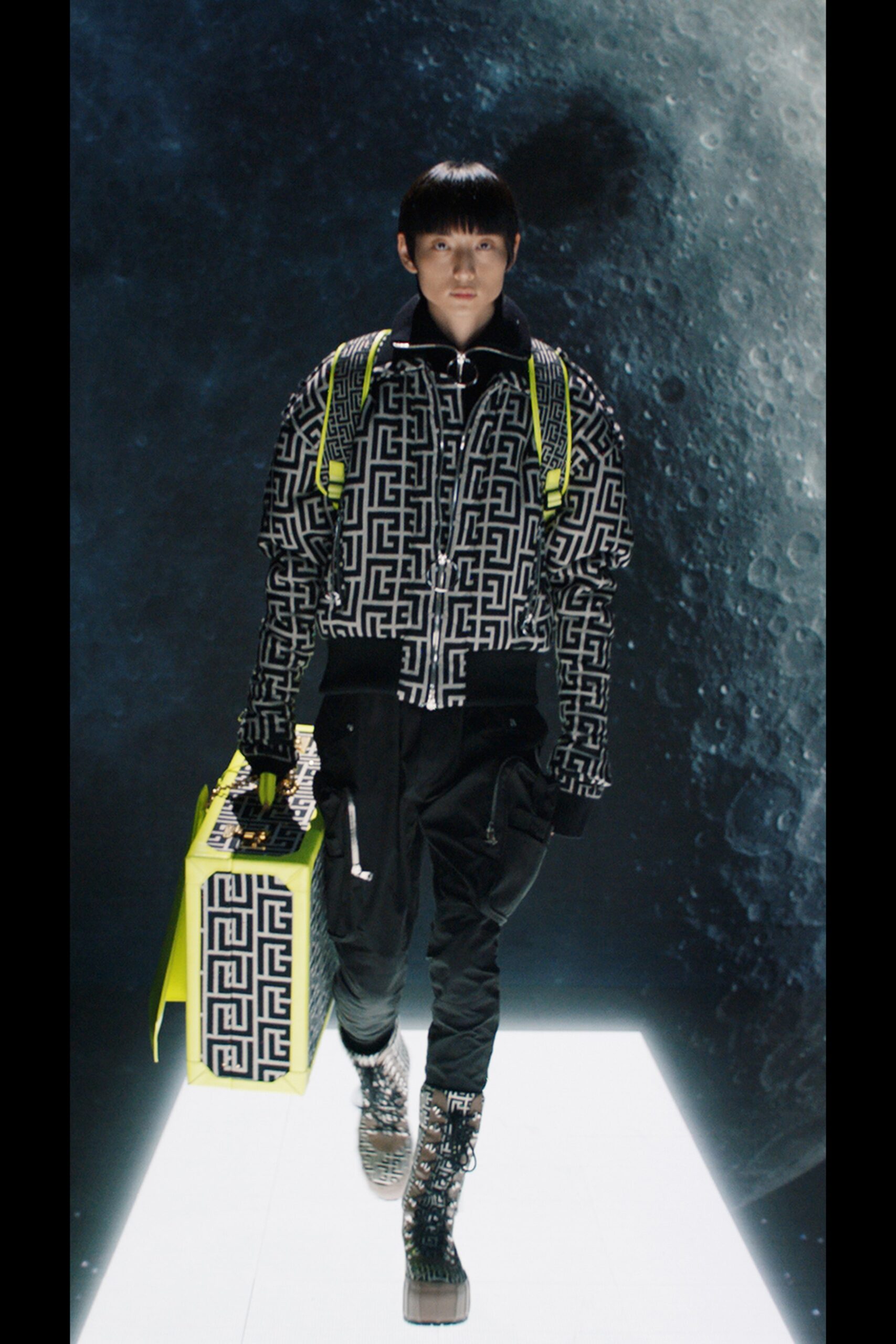 black and white printed jacket with cargo pants