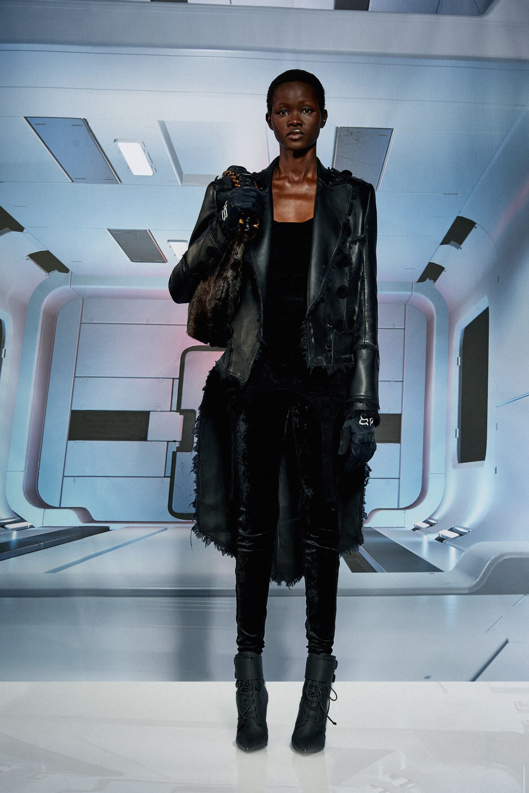 black leather jacket and velvet pants