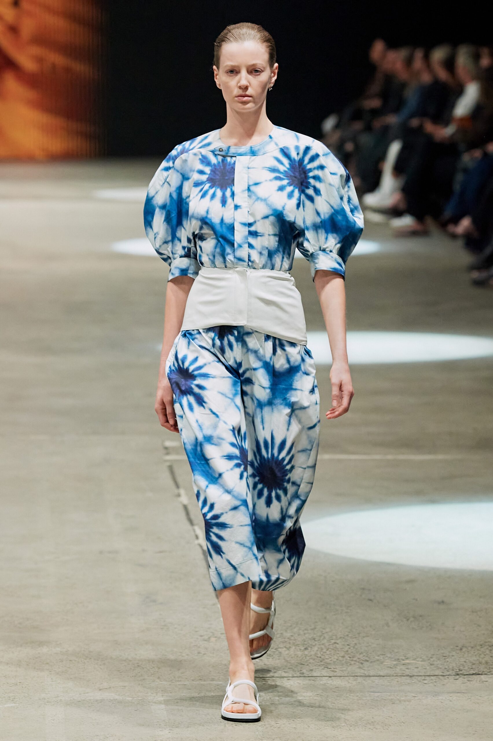 blue and white printed jumpsuit