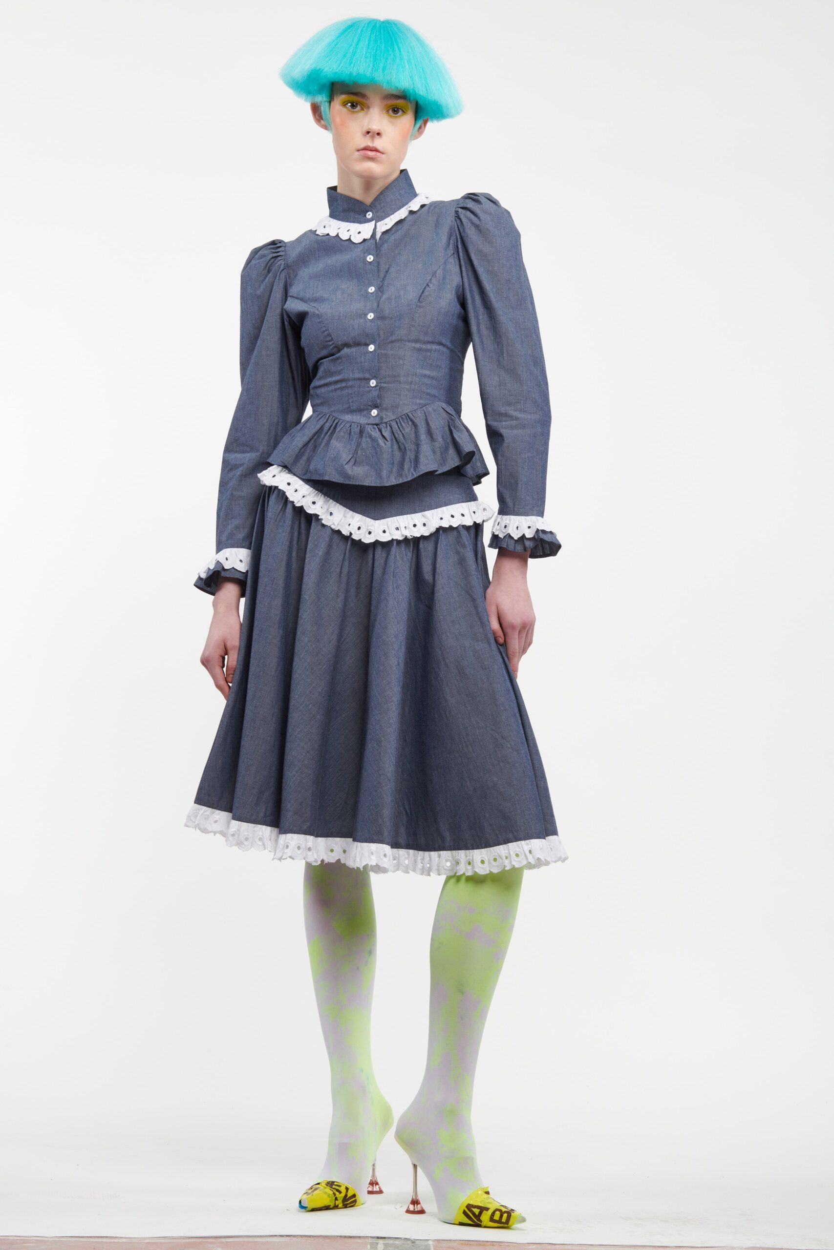 blue cotton long-sleeve dress