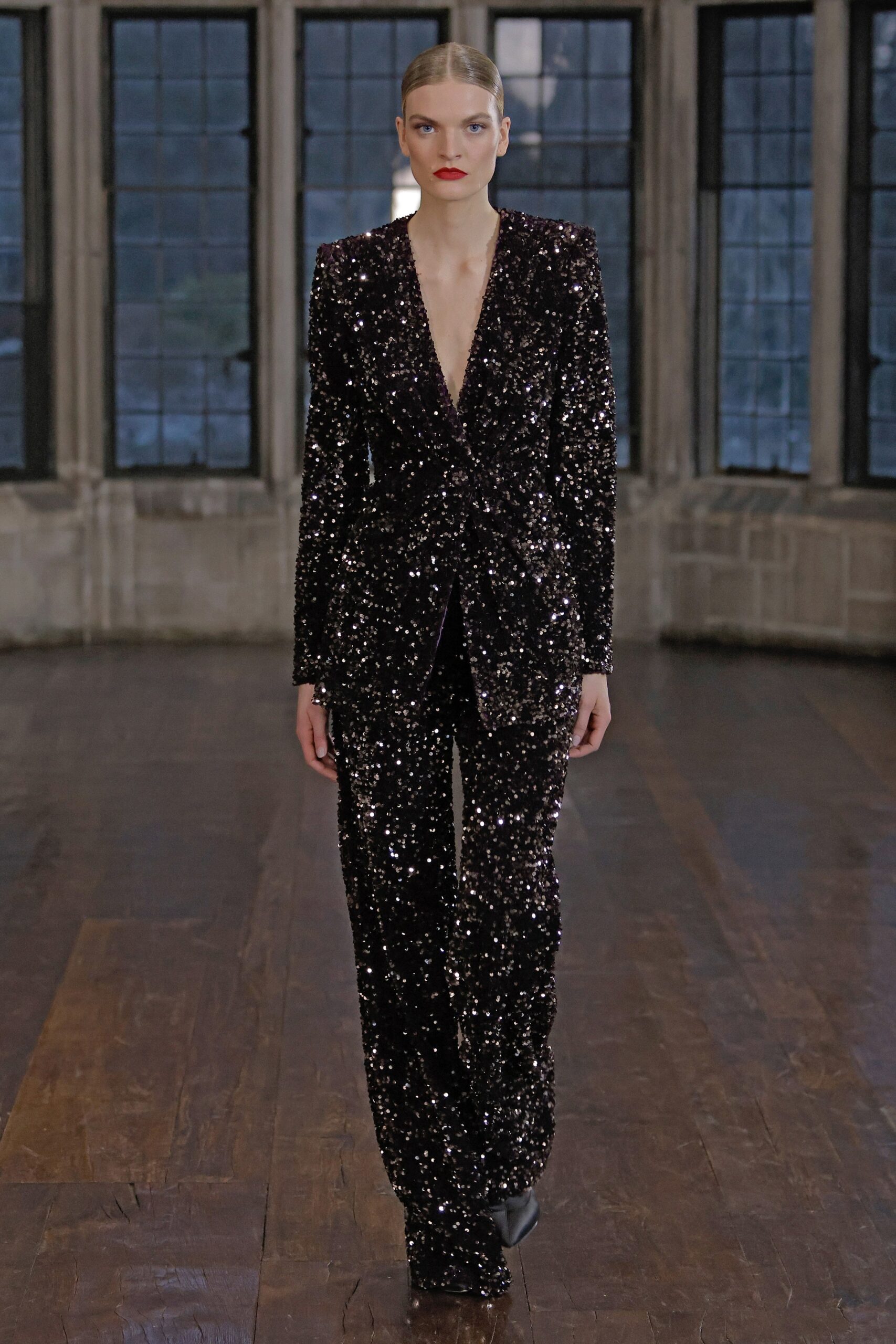 black sequined velvet suit