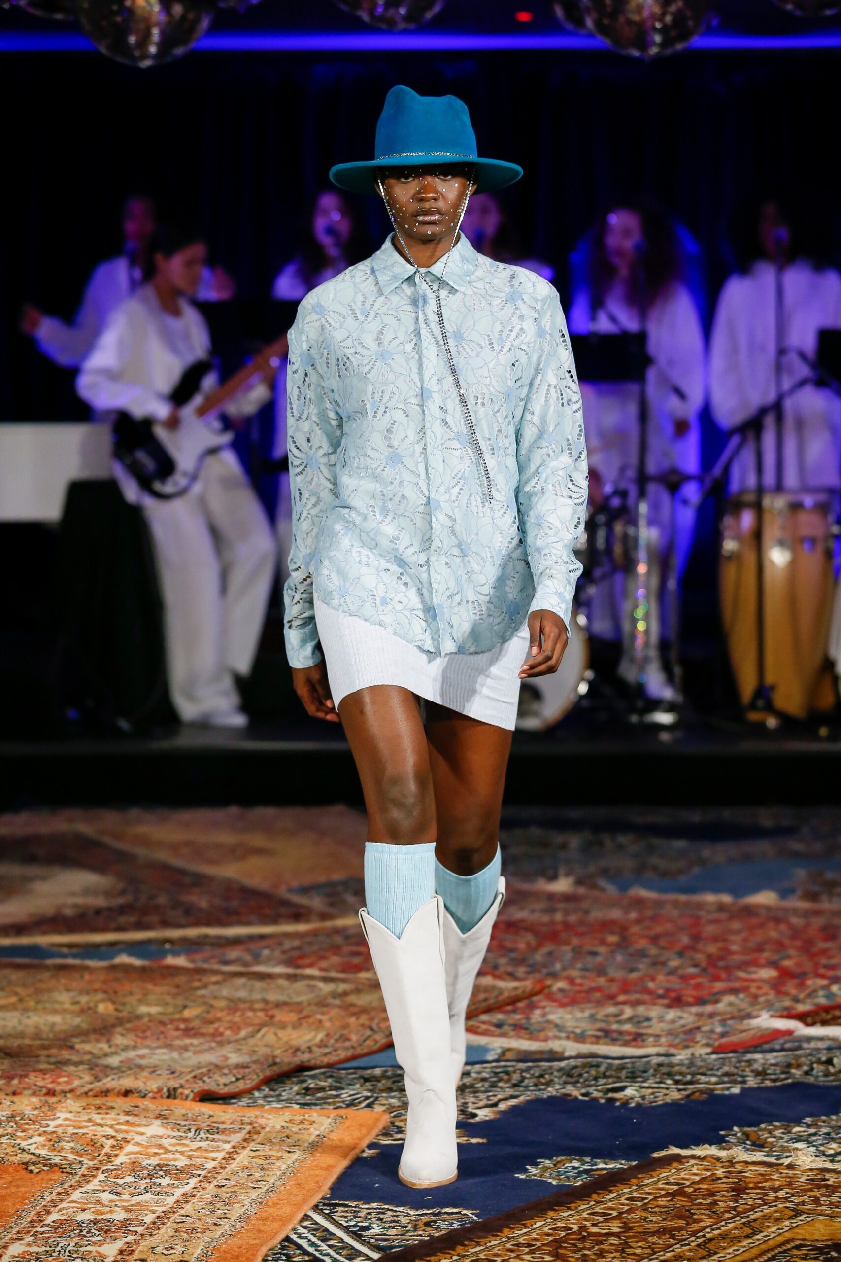 blue printed shirt with mini skirt