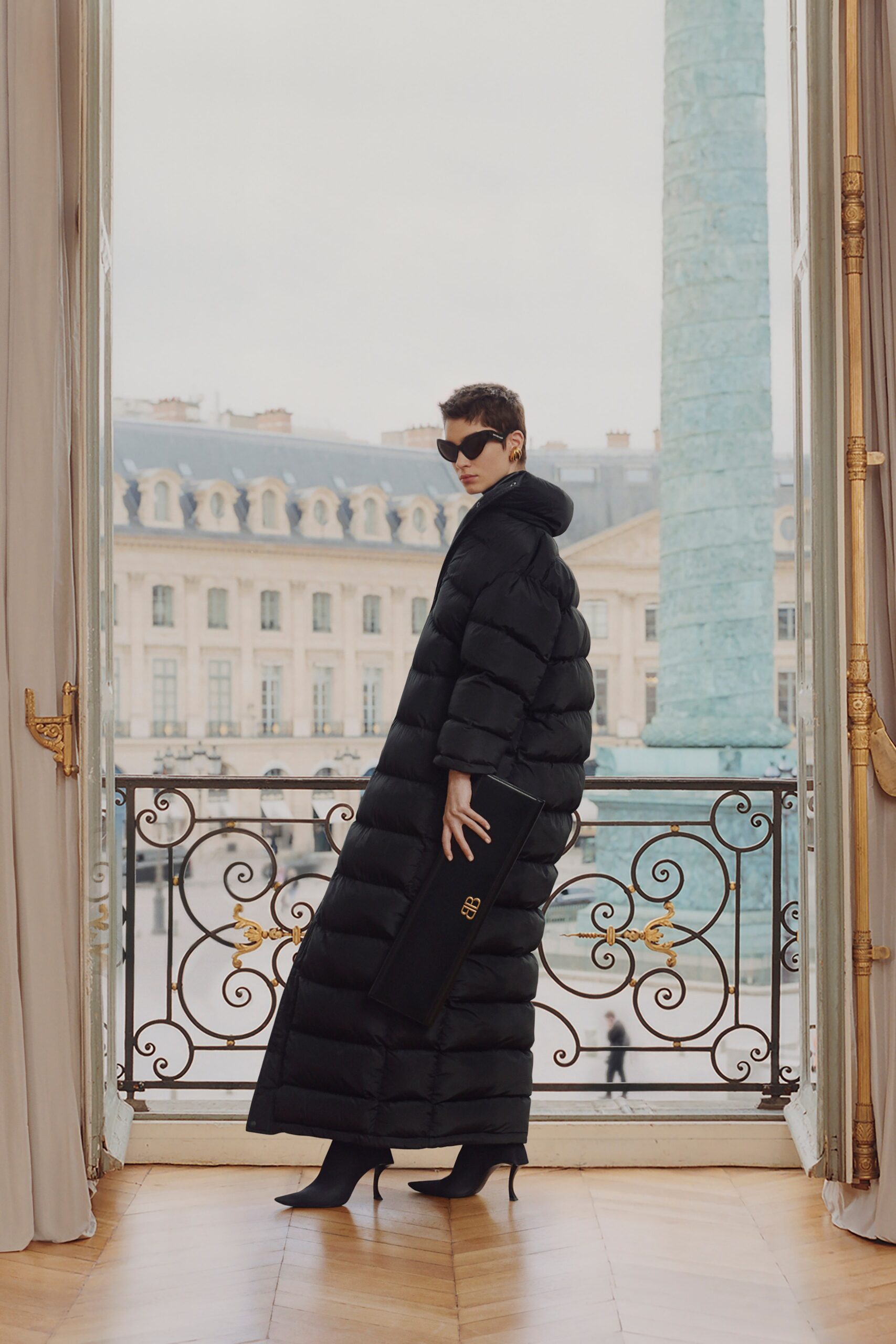 black jersey long-sleeve hooded oversized padded maxi coat