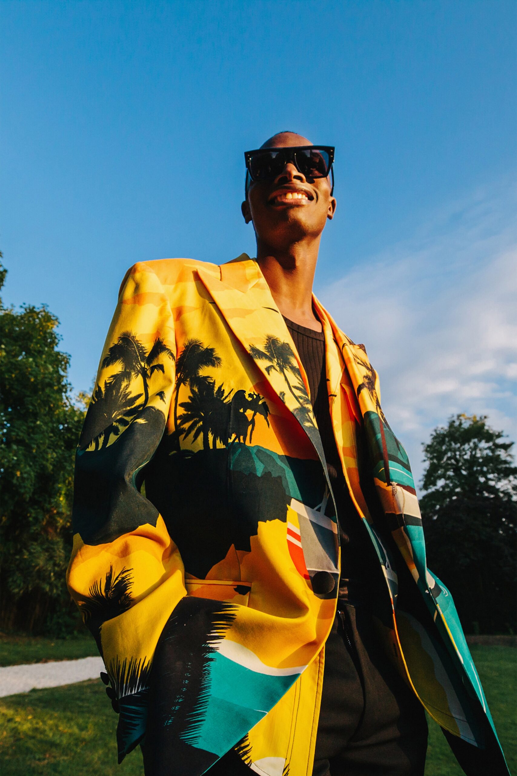 colorful printed blazer with black shirt