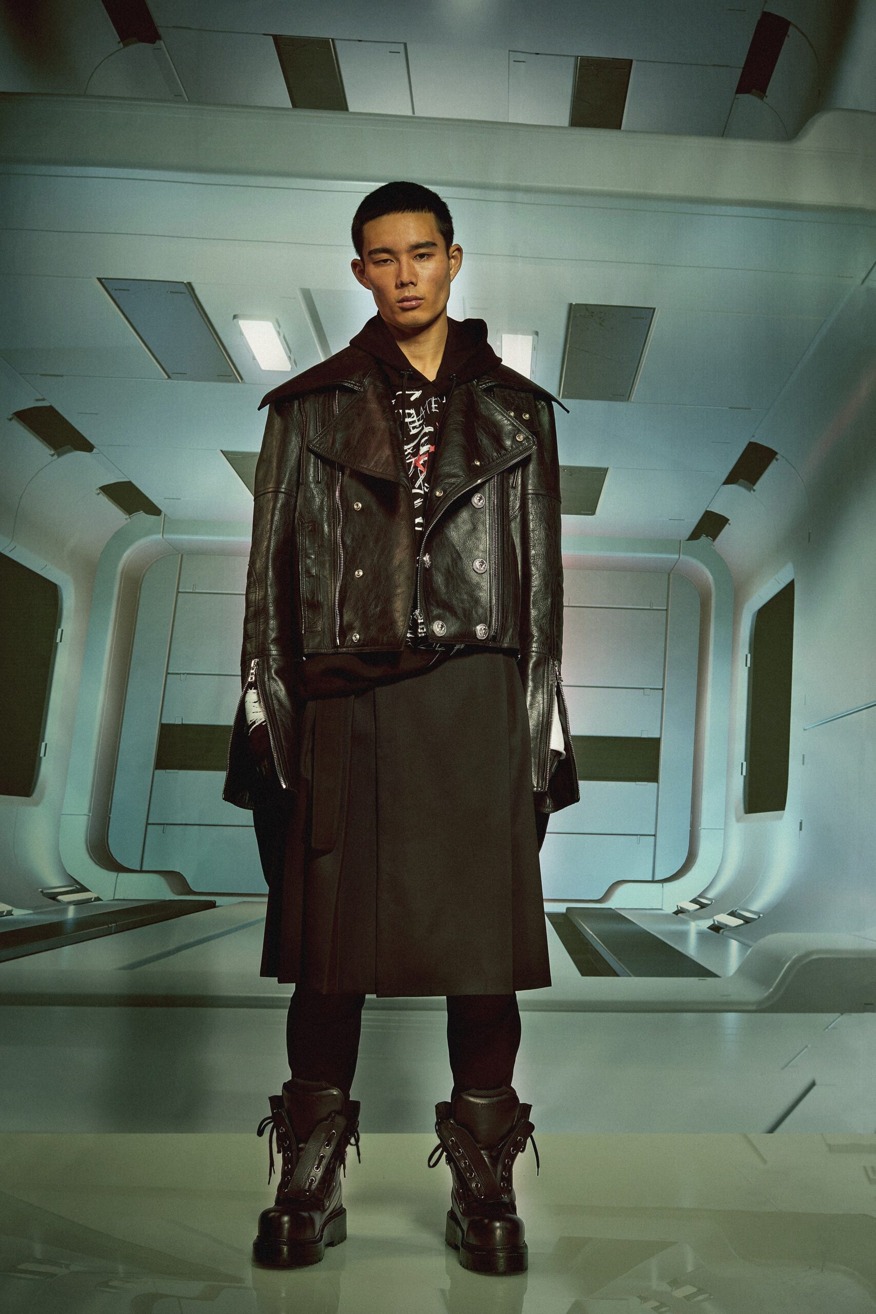black leather jacket and hoodie