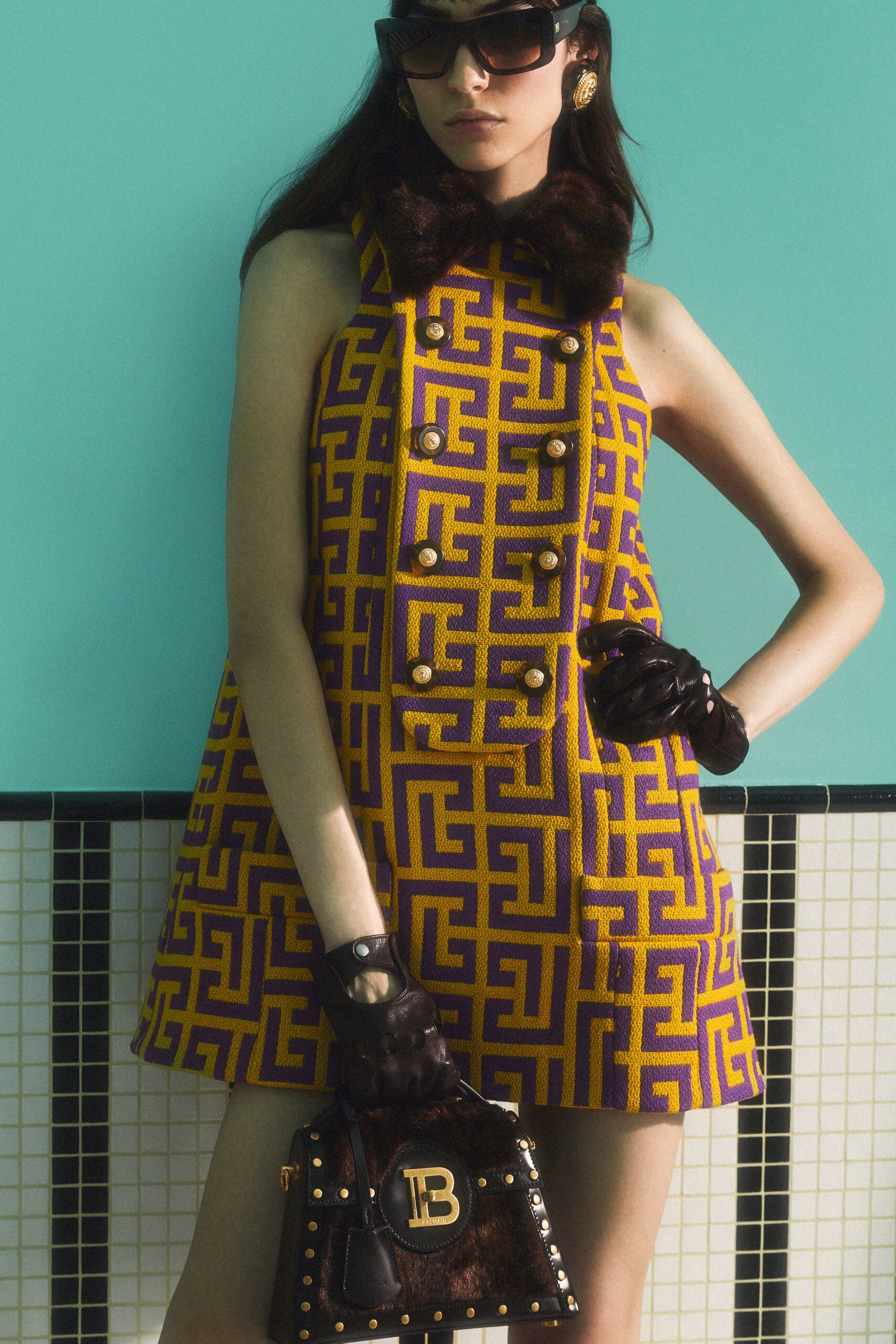 purple and yellow mini dress