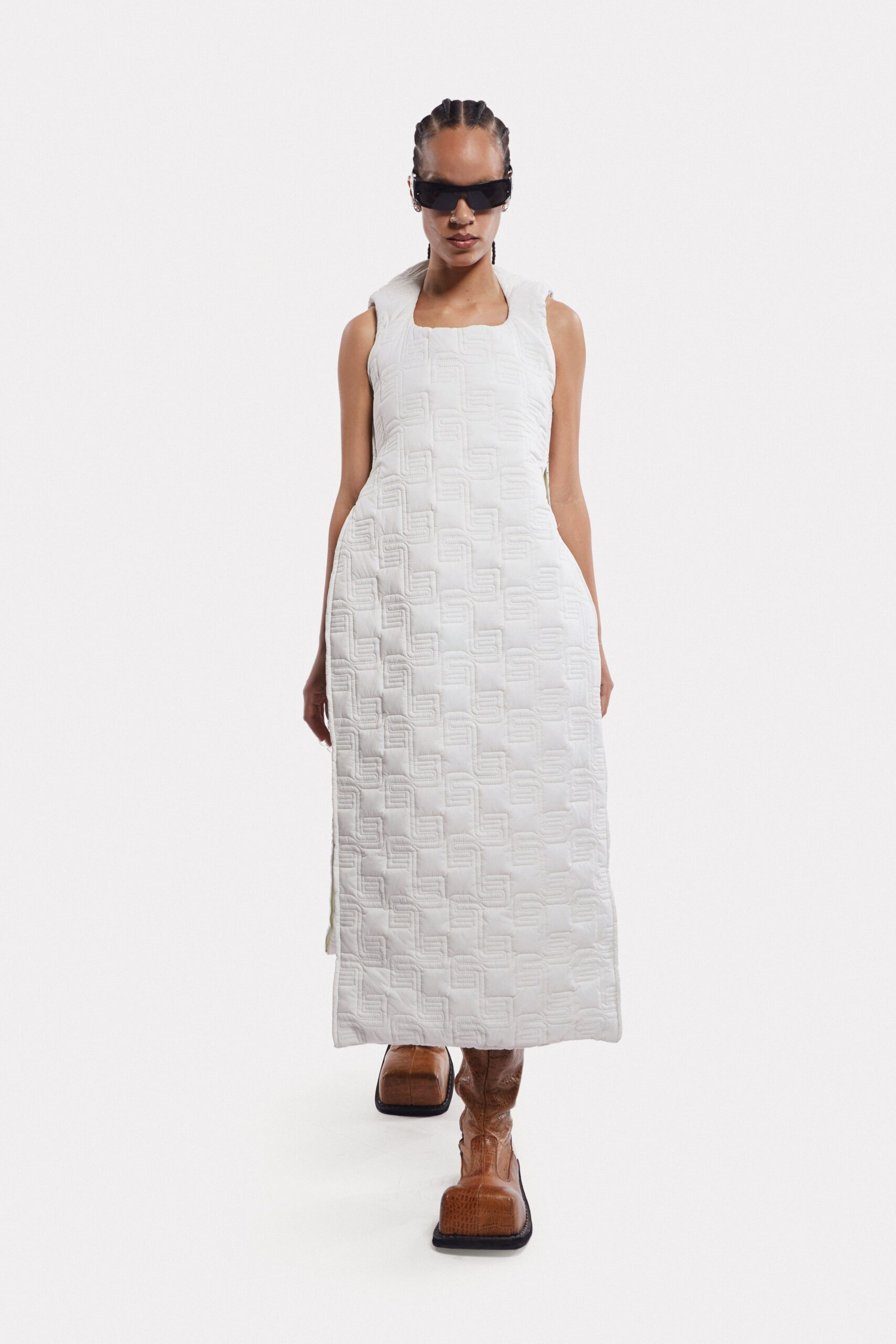 white quilted maxi dress