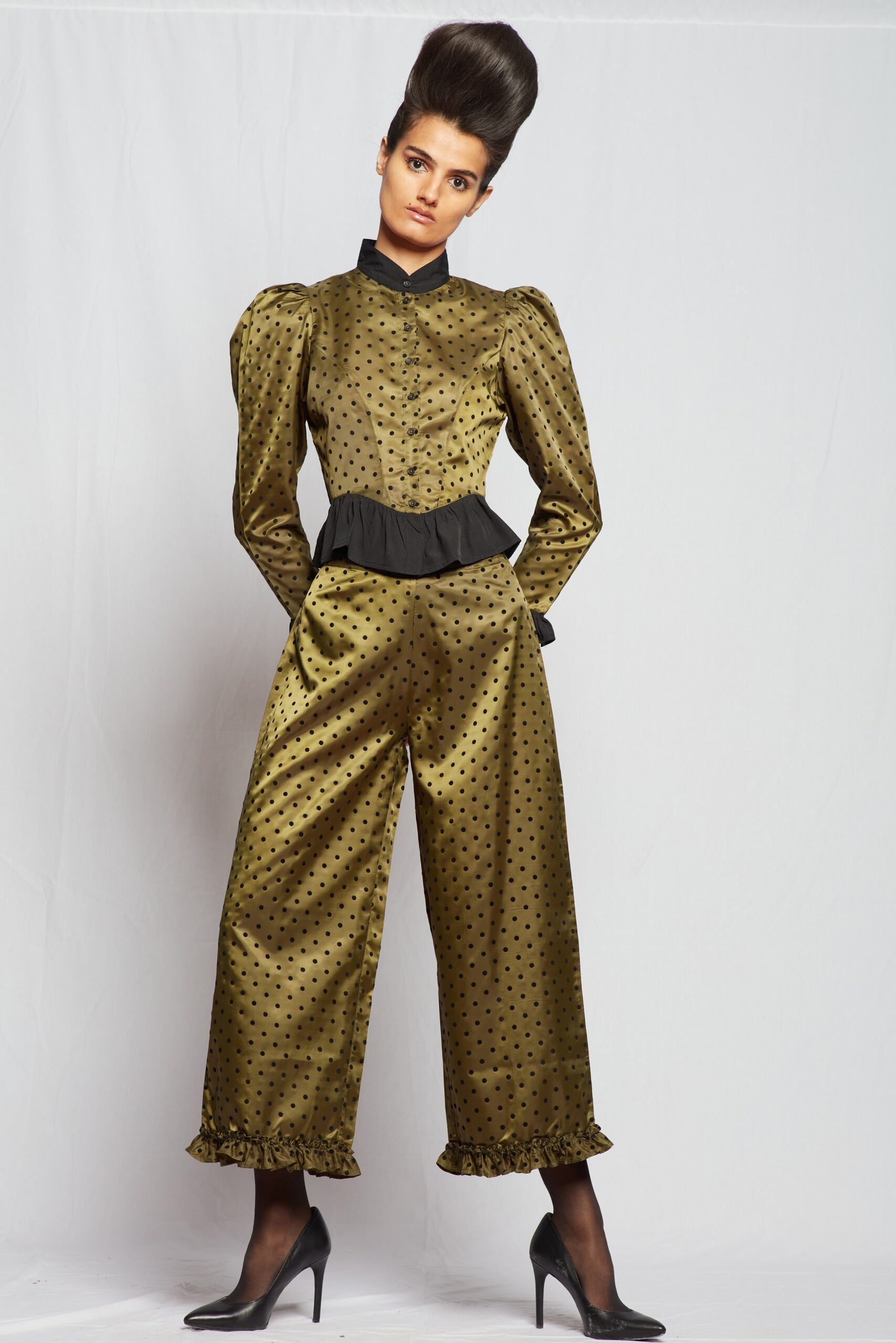 green silk polka-dot jumpsuit